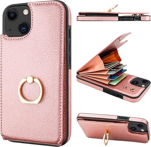 Folosu Funda tipo billetera compatible con iPhone 14 con soporte para tarjetas, rotación de 360, soporte de anillo de dedo con función atril,