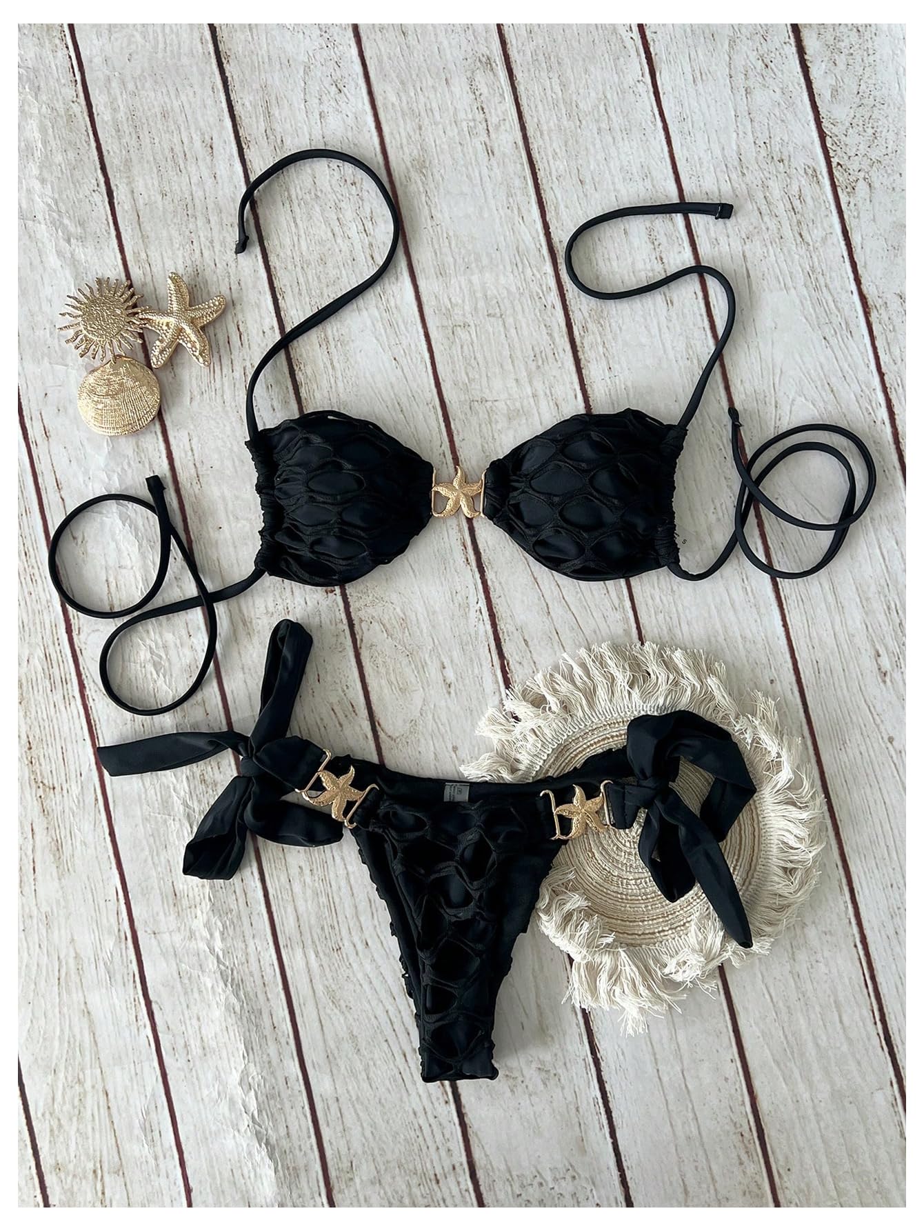 Damski 2-częściowy zestaw bikini teksturowany strój kąpielowy wiązany na szyi metalowy wystrój wysoki krój kostium kąpielowy beżowy średni
