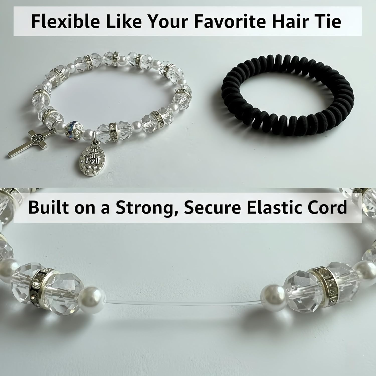 Crystal Pearl Catholic Bracelet for Women Girls, Clear Bead Stretch Rosary Style Bracelet with Crucifix & Miraculous Medal, Religious Jewelry Gift for Confirmation & First Communion - Image 5