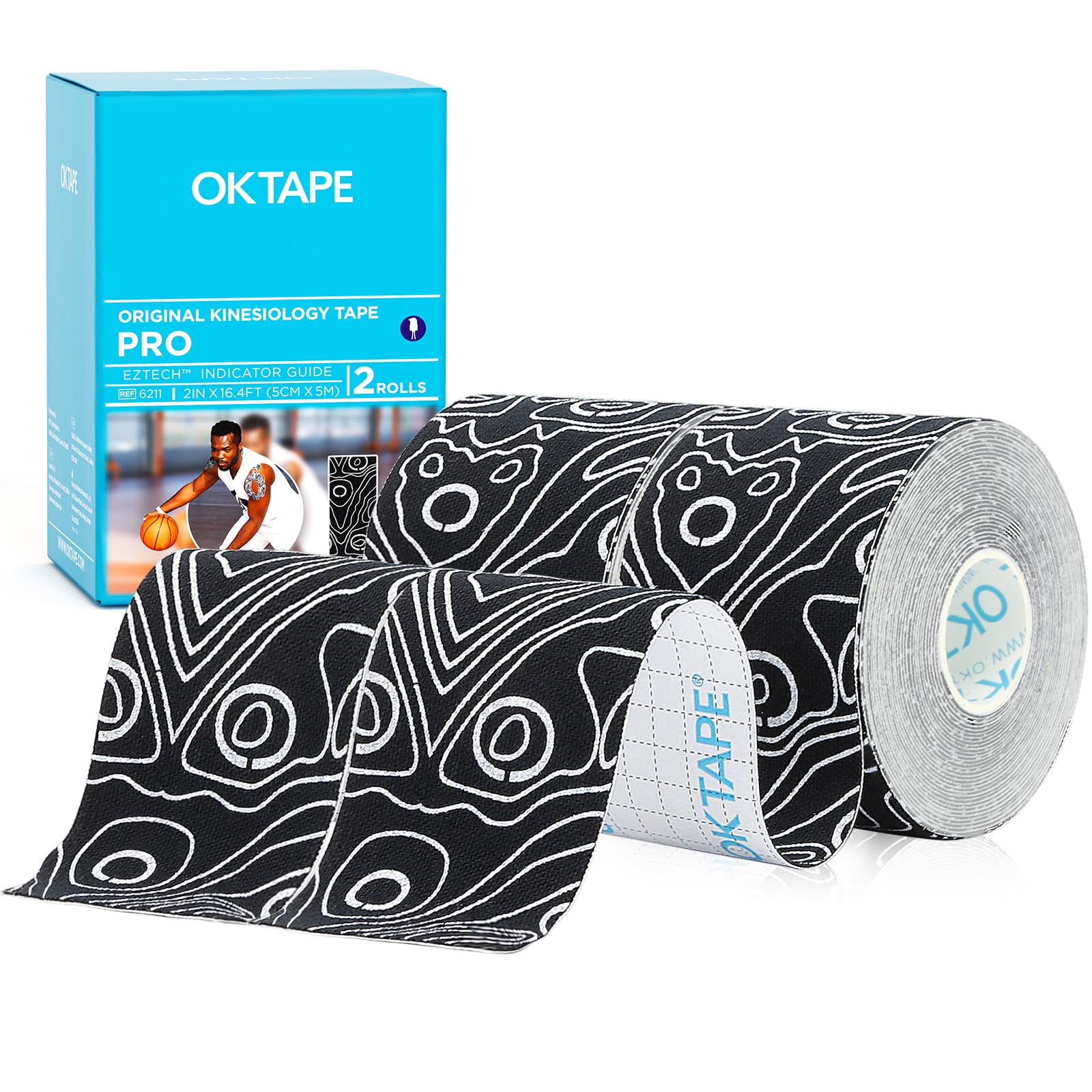 OK TAPE PRO Kinesiology Tape, 2inch x Long Roll 16ft Free Cut Tape, Elastic Athletic Tape Therapeutic Latex Free, 2 Rolls Black+White