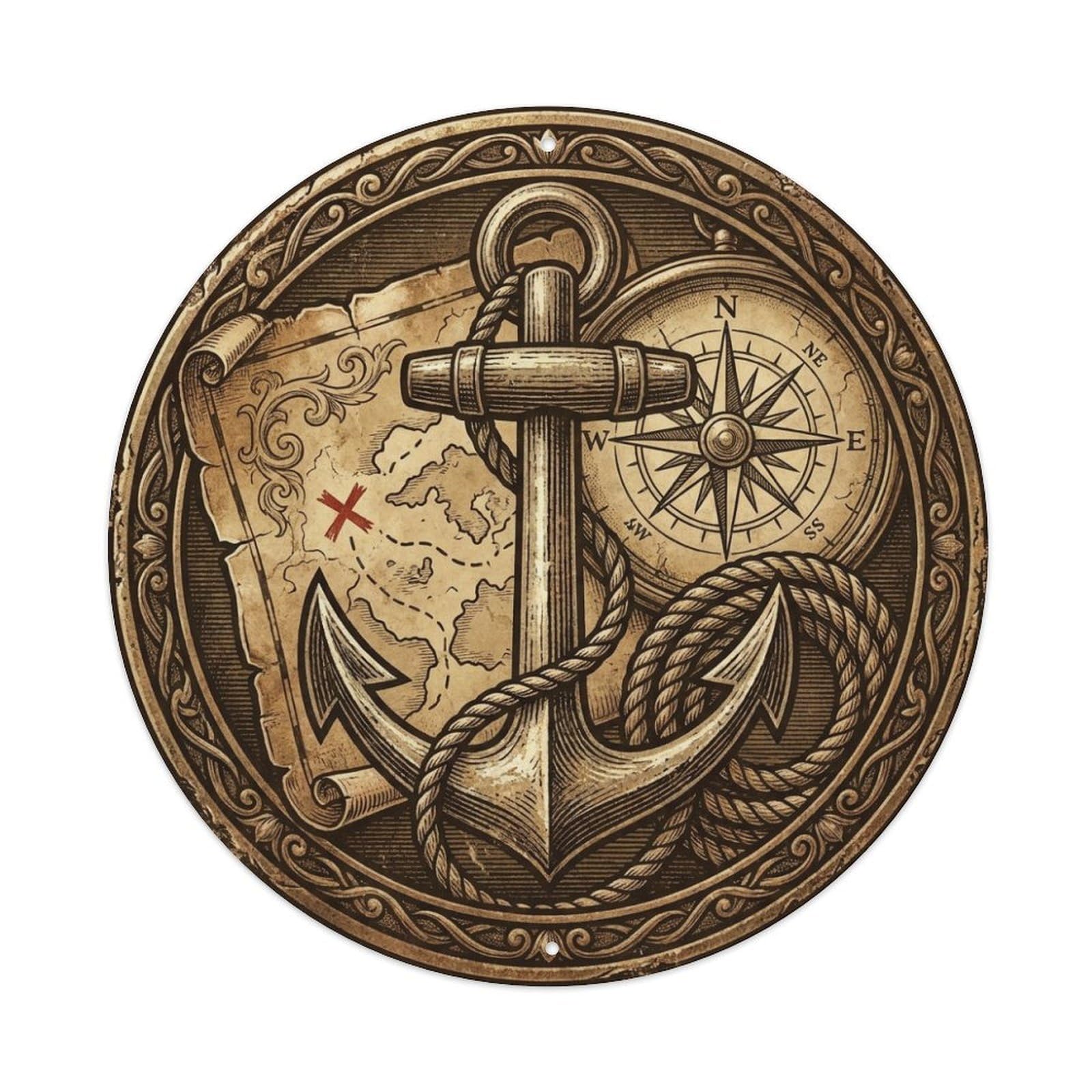 Anchor Compass Map Rope Old Chart Maritime Metal Tin Sign