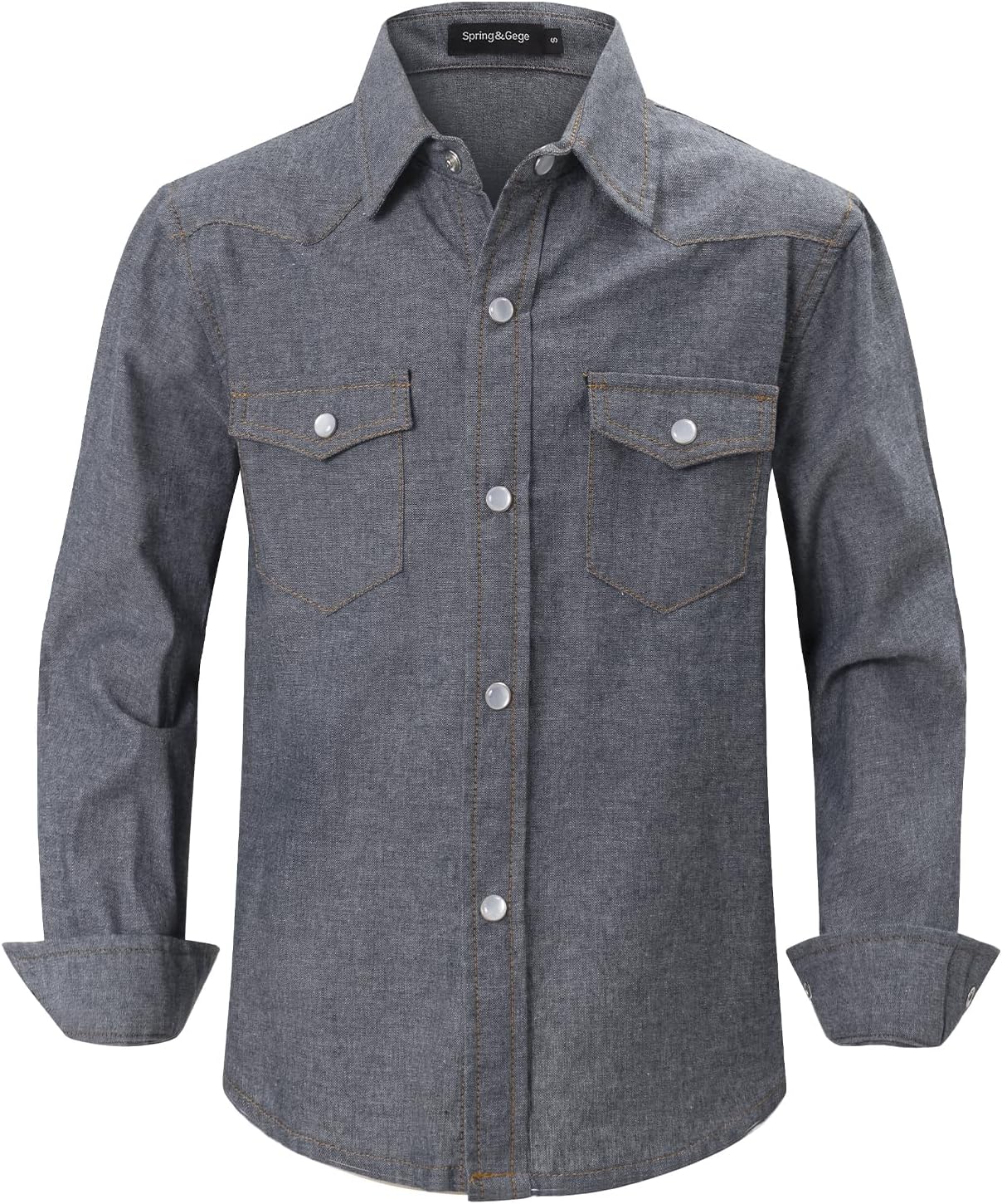 Spring&Gege Boys' Long Sleeve Chambray Shirt Western Cowboys Pearl Snap Button Down Shirts (5-14 Years)