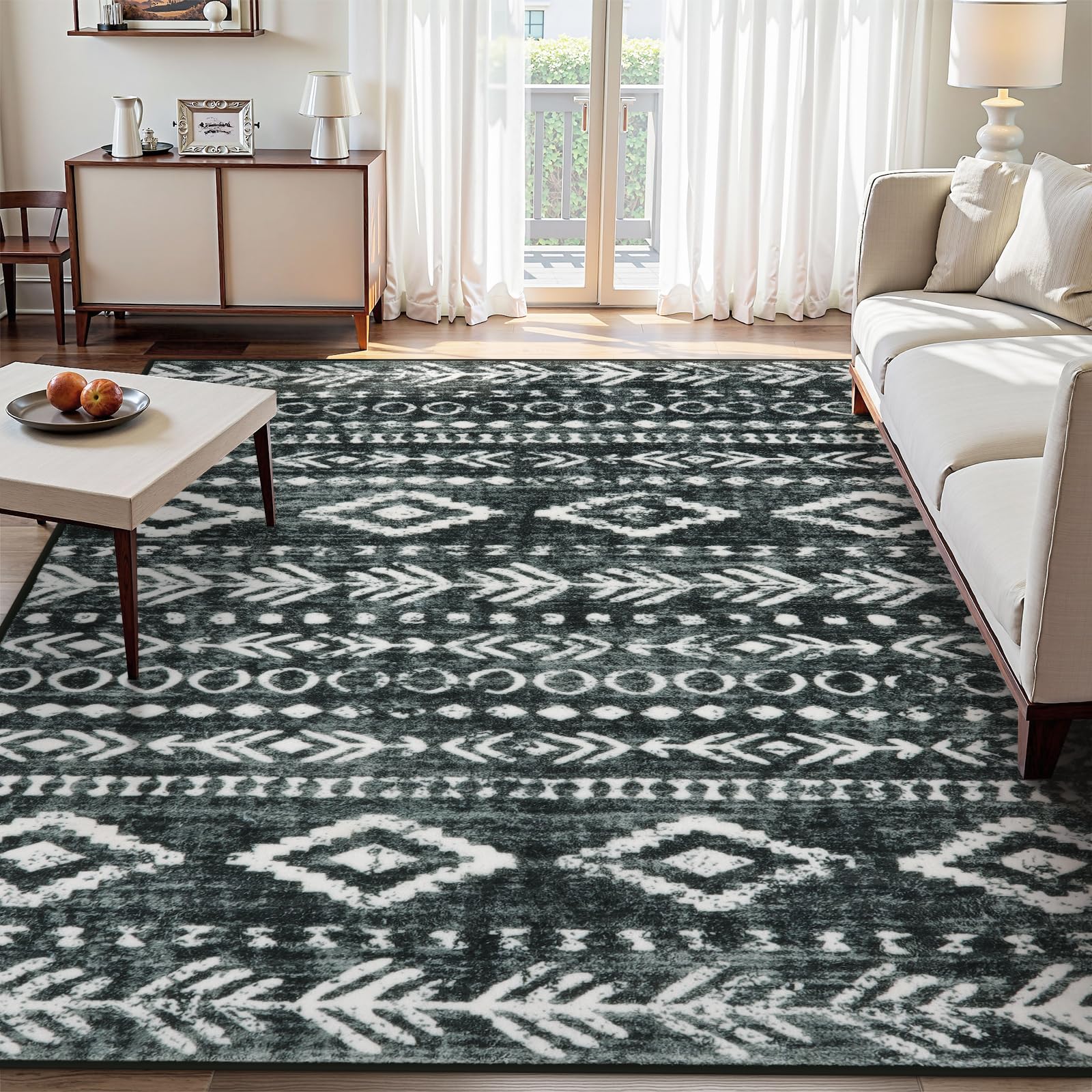 Lahome Boho Moroccan 8x10 Area Rugs, Ultra-Thin Soft Black White Rugs for Living Room Washable, Non-Shed Tribal Print Large Indoor Carpet Stain Resistance for Bedroom Playroom Nursery