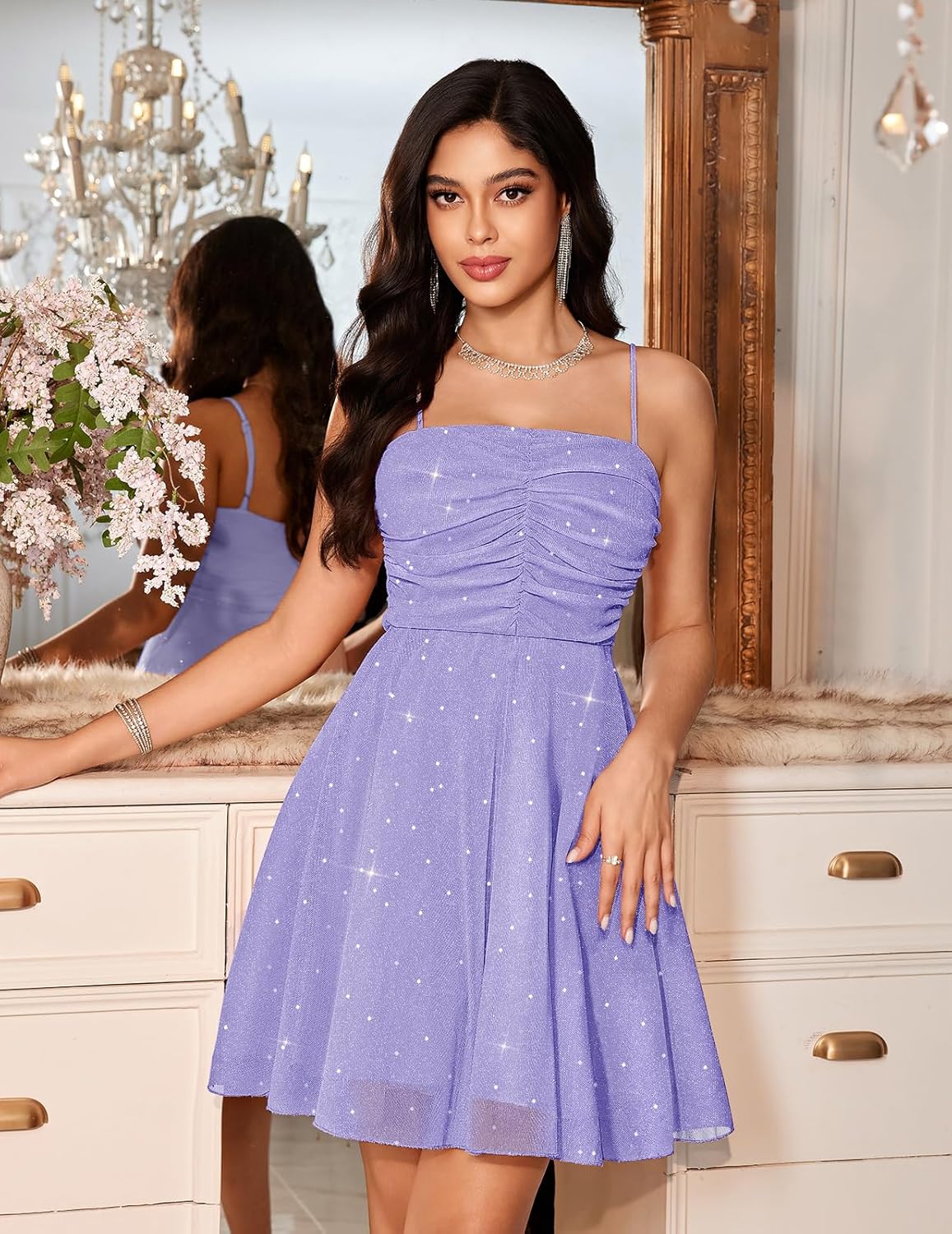 Meetjen Women's Sparkly Cocktail Dress A Line Ruched Tulle Sequin Short Prom Dresses for Teens 2026 Summer Party - Image 3