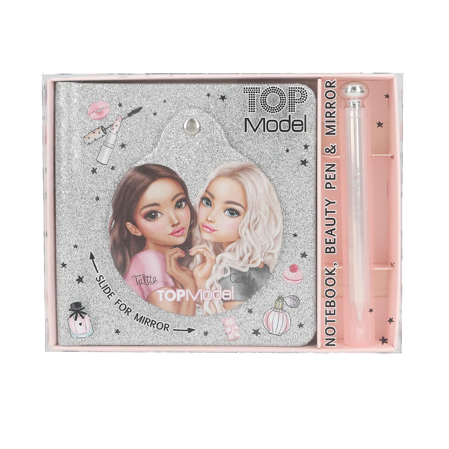 Depesche TOPModel Beauty 13174 Notebook in Sparkling Silver with Model Motif Includes Ballpoint Pen, Lined Pages and Mirror