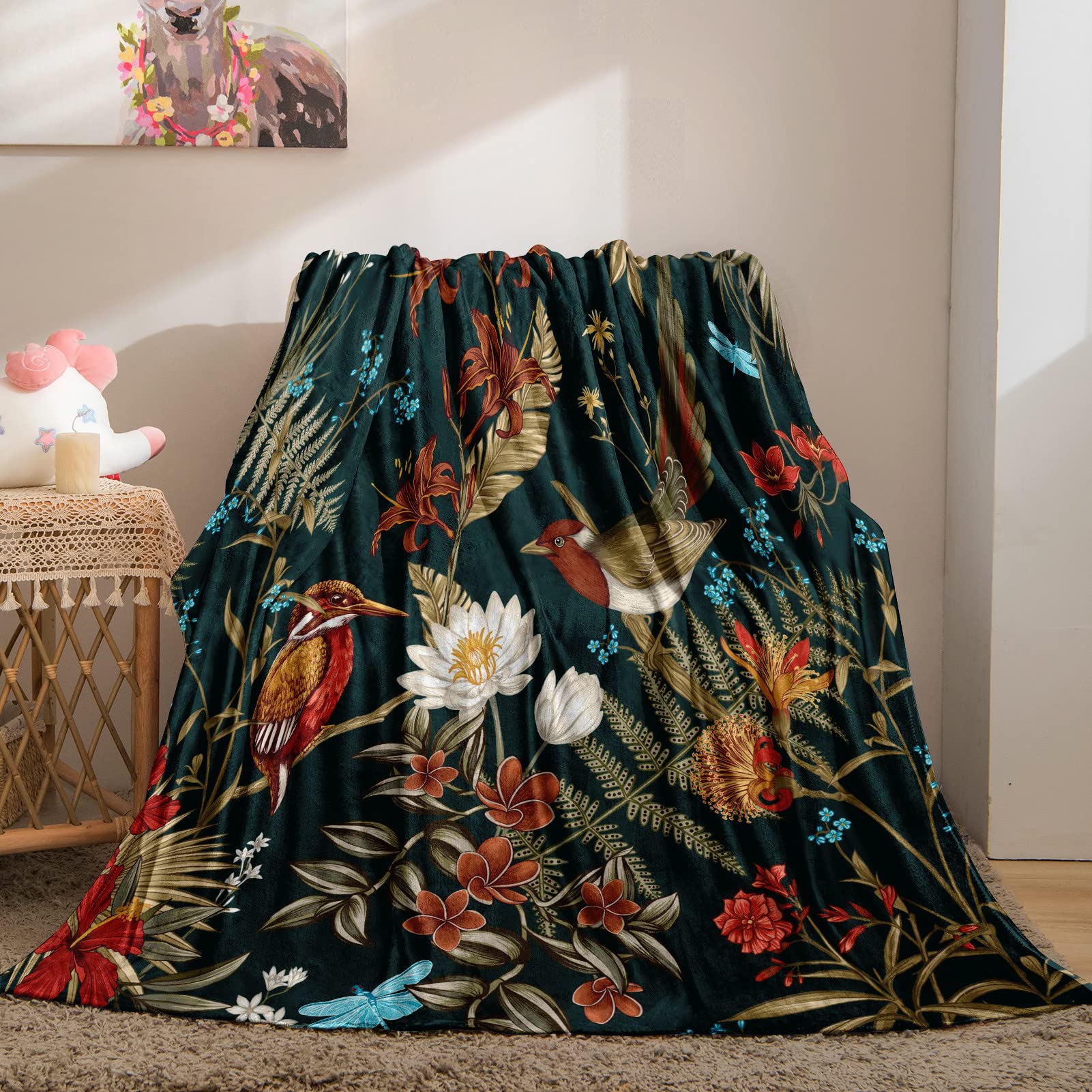 YUANZU Bird Blanket Throw, Tropical Forest Jungle Plant Flower Tree Leaf Pattern Soft Cozy Flannel Baby Blanket, Warm Lightweight Plush Throw Couch Sofa Bed Cover, Gifts for Girls Woman 50x60 inch