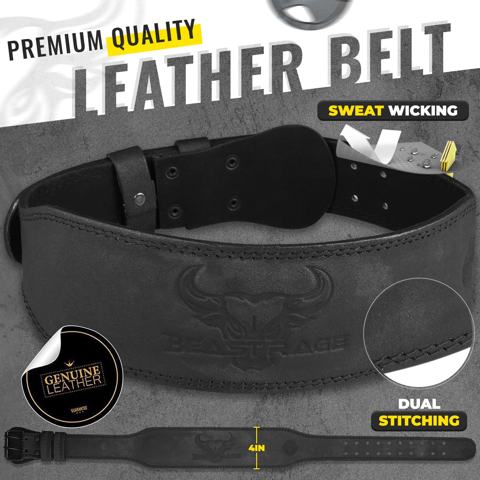 BEAST RAGE Cintura per sollevamento pesi in pelle resistente palestra body building 10 fori regolabili 10,2 cm imbottito lombare supporto per la schiena esercizio powerlifting fitness