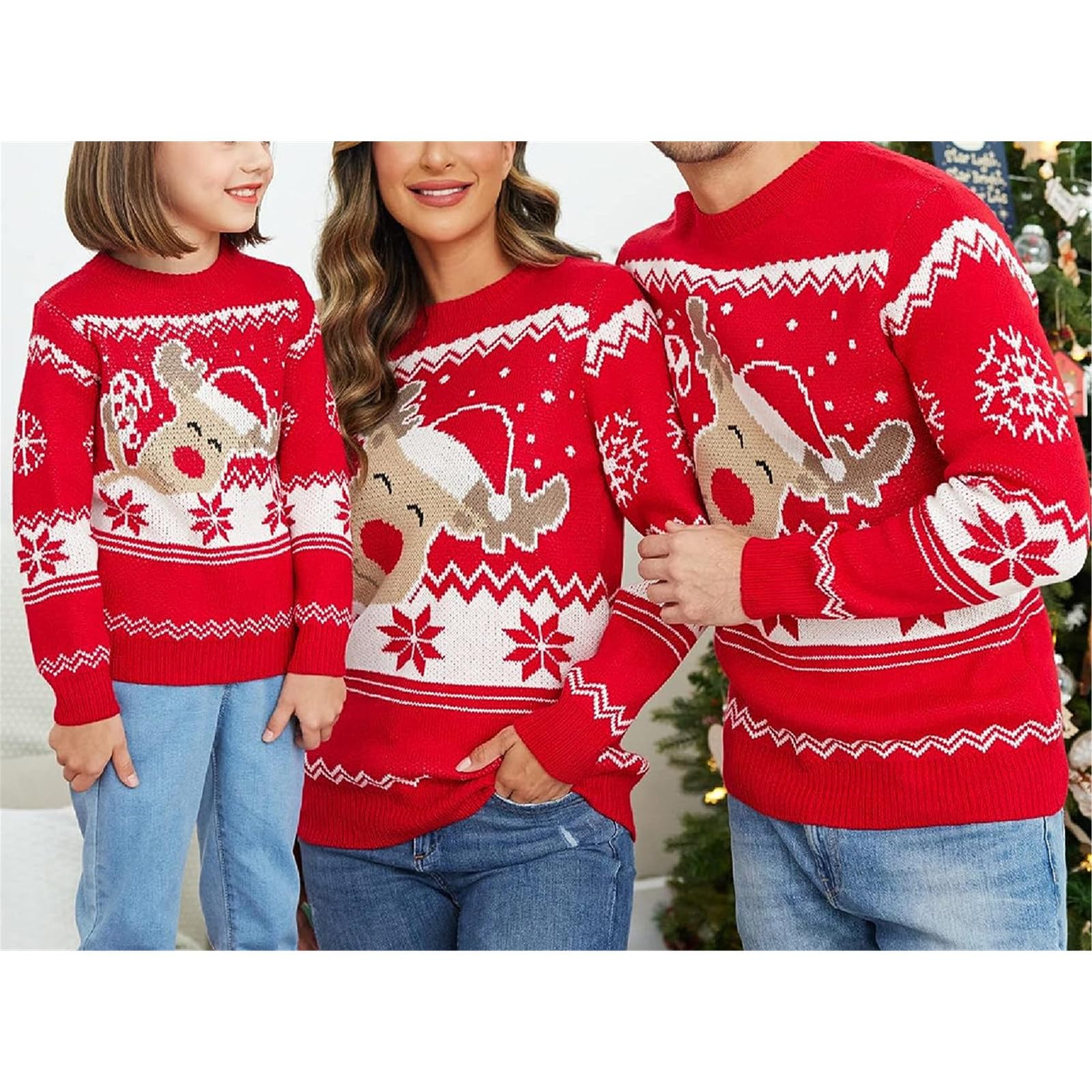 Maglione natalizio abbinato con renna e fiocchi di neve con stampa brutto maglione a maniche lunghe