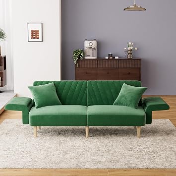DAMAIFROM 75" Velvet Couch, Futon Sofa Bed, Sleeper Sofa with Adjustable Back, Loveseat, Mid Century Modern Couches with Folding Armrests for Living Room, Bedroom,Small Spaces Green