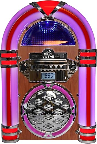 Miniatura 4 de VICTOR Broadway - Jukebox Bluetooth de escritorio con iluminación LED multicolor, caoba (VDTJ-1550-MH)