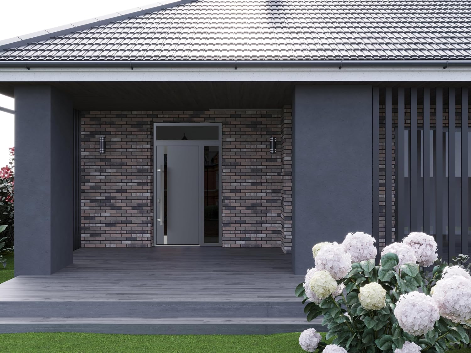 VDOMDOORS Front Exterior Prehung Steel Door/Ronex 1011 Grey/Side and Top Exterior Window Sidelite/Stainless Inserts Entry Metal Modern Painted W36+16" x H80+16" Right Hand Inswing