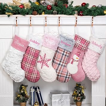 GEX New Personalized Christmas Stockings 1 Pack Custom Name for Family 20" Large Embroidery Plaid Pink Christmas Stockings Classic Fireplace Decorations Hanging Ornament 1 Pack