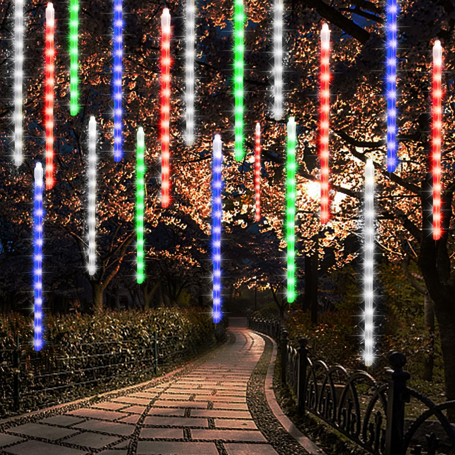 LJLNION Meteor Shower Lights, 12 Inch Outdoor Icicles Christmas Lights, 8 Tubes 288 LED Iciclelights Snow Falling Light, Connectable Raindrop Light, Xmas Wedding Party Tree Holiday Decor, Multicolor