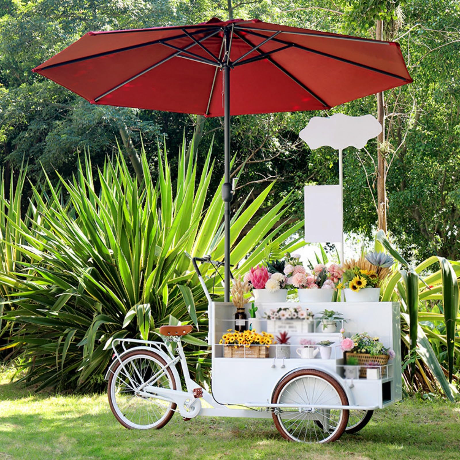 Carretto per venditori ambulanti, espositore per fiori da esterno con ombrellone, carrello mobile professionale su bicicletta, bicicletta per la vendita di fiori per mercati(White,WU)
