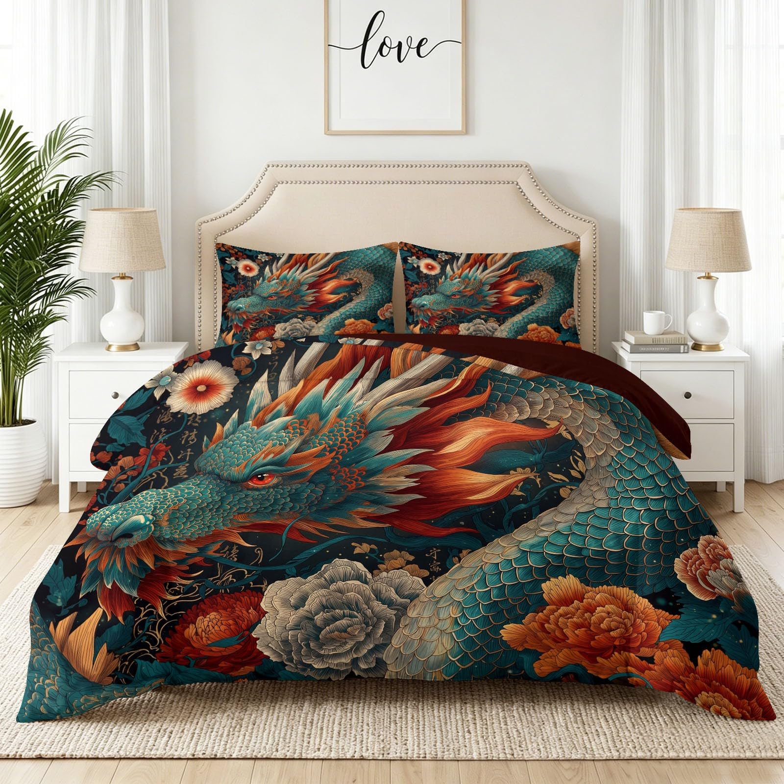 Housse de couette 220x240 dragon floral marron, parure de lit douce anti-plis