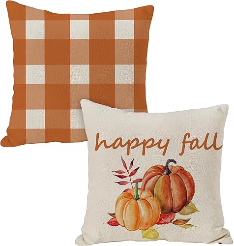 JOOCAR Juego de 2 fundas de almohada de lino con diseño a cuadros de búfalo blanco y naranja de 18 x 18 pulgadas, fundas de almohada cuadradas