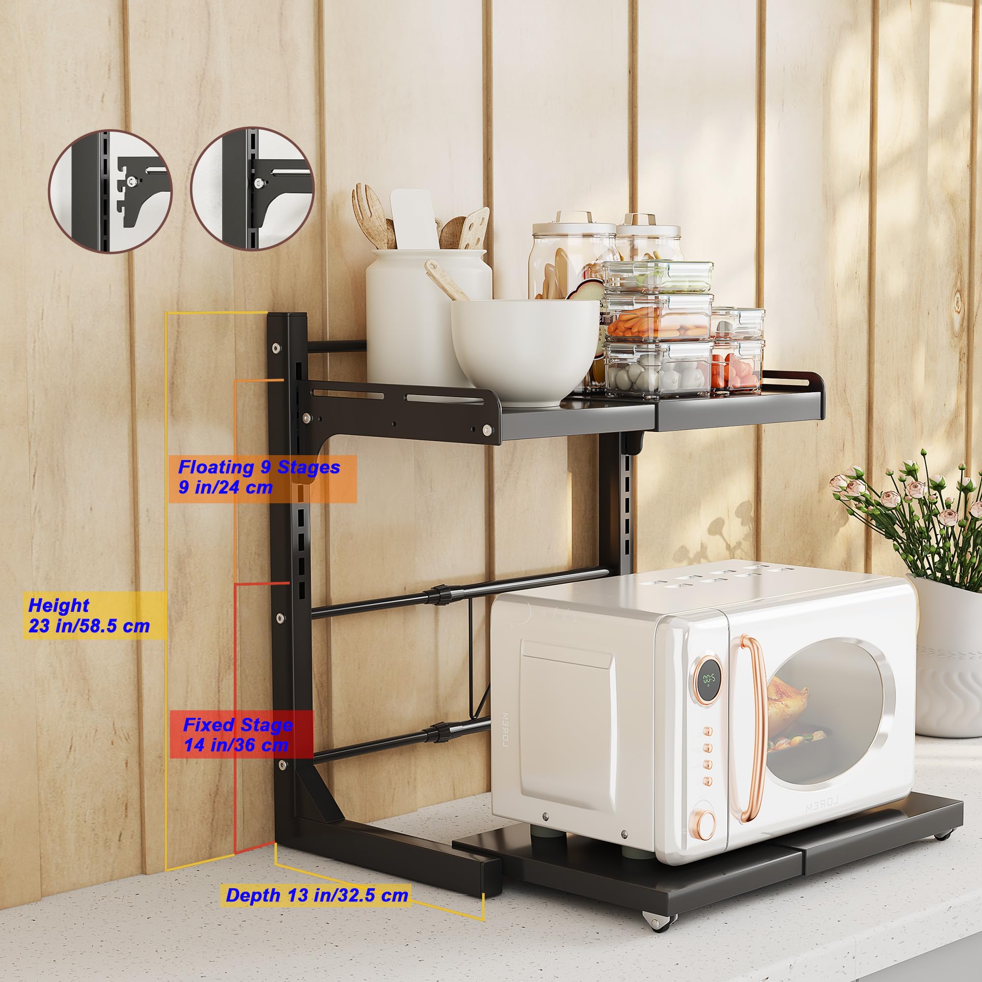 ABCOOL Rack retrattile per forno a microonde estraibile a scatto per cucina, panettiere, organizer portaoggetti 2 assiali espandibili e regolabili in altezza in acciaio al carbonio piano di lavoro con
