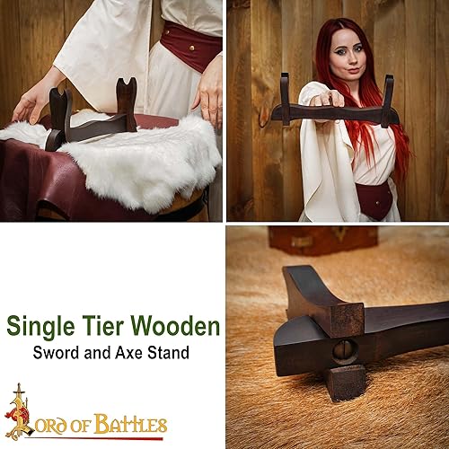 Miniatura 5 de Lord of Battles Soporte medieval de madera maciza de un solo nivel, soporte para espada, exhibición de espada de gladiador, soporte para espada