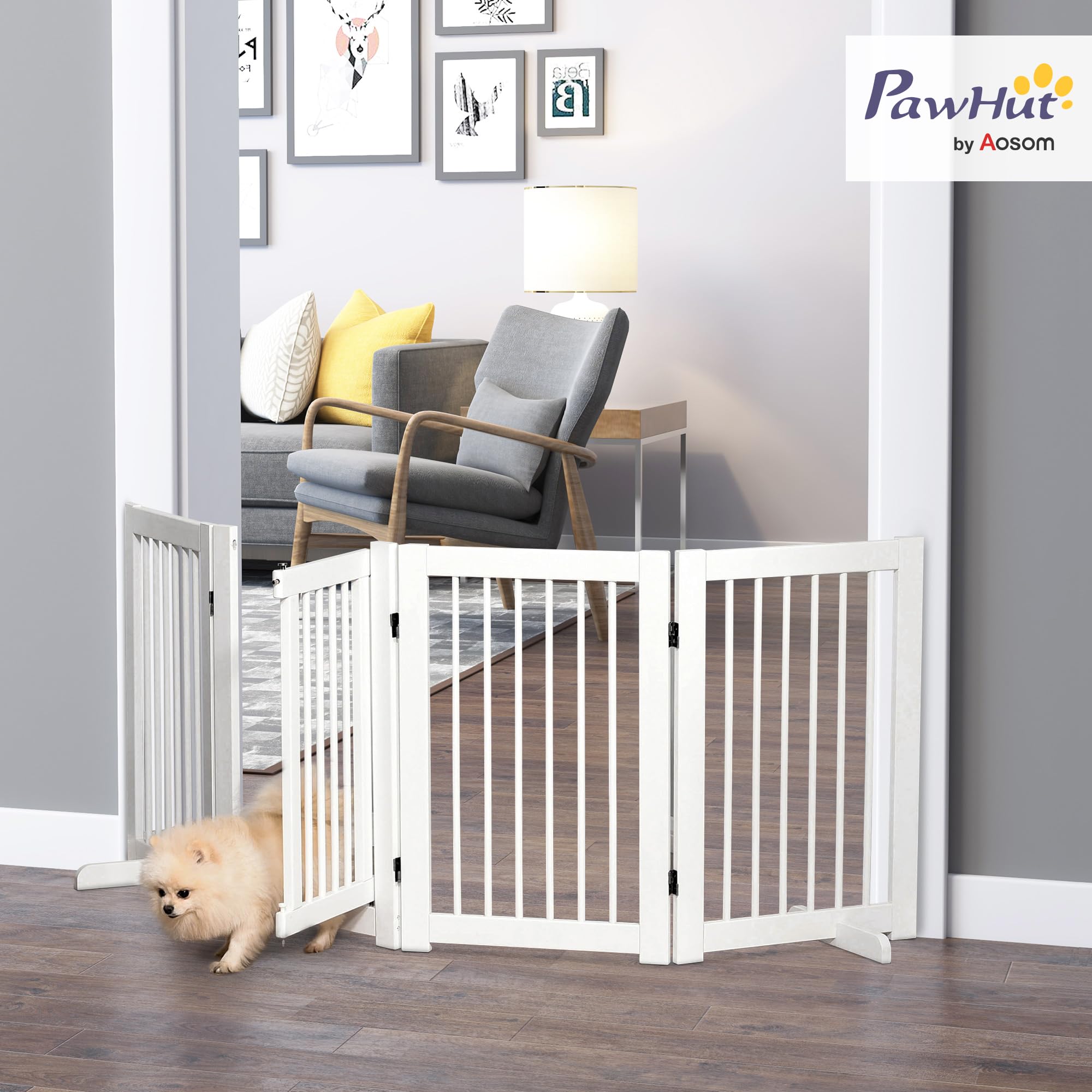 PawHut Barrera para Perros Plegable con Puerta Pequeña Valla para Perros 220x91 cm de 4 Paneles Barrera de Seguridad para Mascotas para Pasillo Escalera Blanco