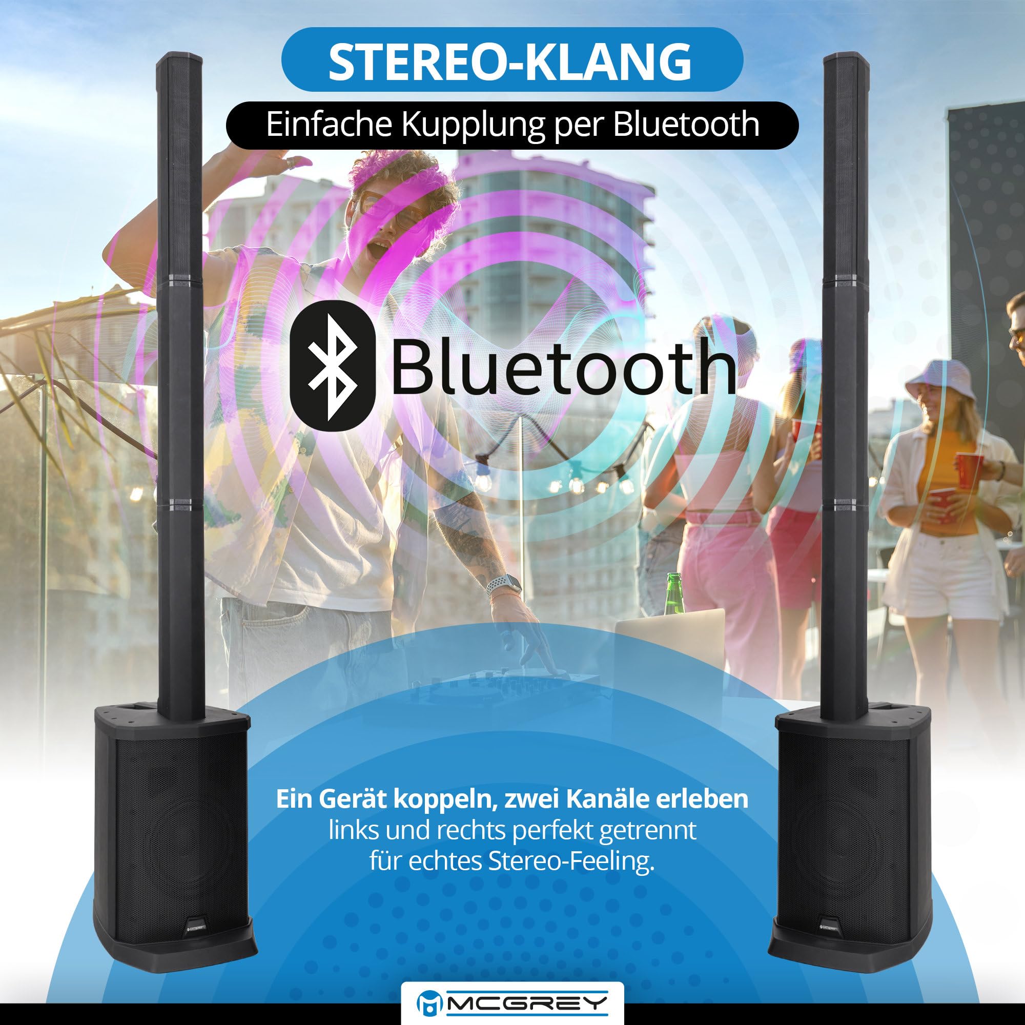 McGrey E-208LA Aktiv Line Array Säulenanlage - Schlanke Linienstrahler - PA Anlage - 100 Watt - 8" Subwoofer - 4X 2,5" Breitbandlautsprecher - USB/SD/Bluetooth Media-Player - Schwarz