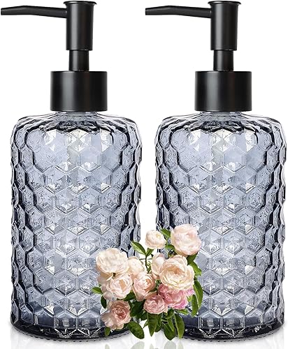 Miniatura 23 de 2 dispensadores de jabón de vidrio transparente con bomba, dispensador de jabón recargable de 11 oz con diseño de diamante para lavado de manos,
