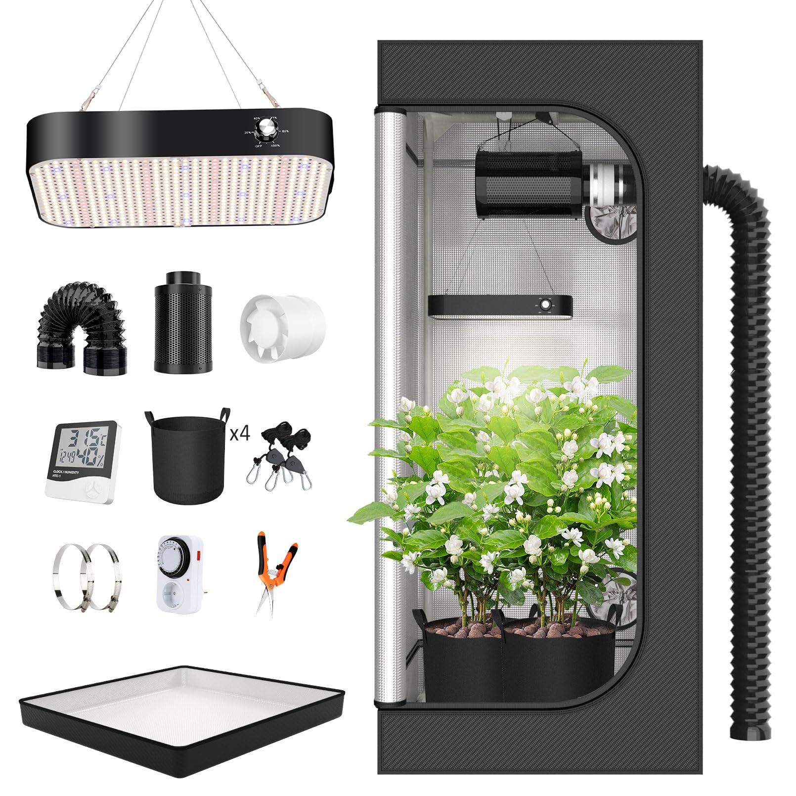 Growzelt Komplettset Anbau Set mit 200W LED Vollspektrum Grow Lampe Dimmbar, 80x80x180cm GrowZelt Kit Komplettes Hydroponics Grow Tent Complete Set(80x80x180cm) Garten