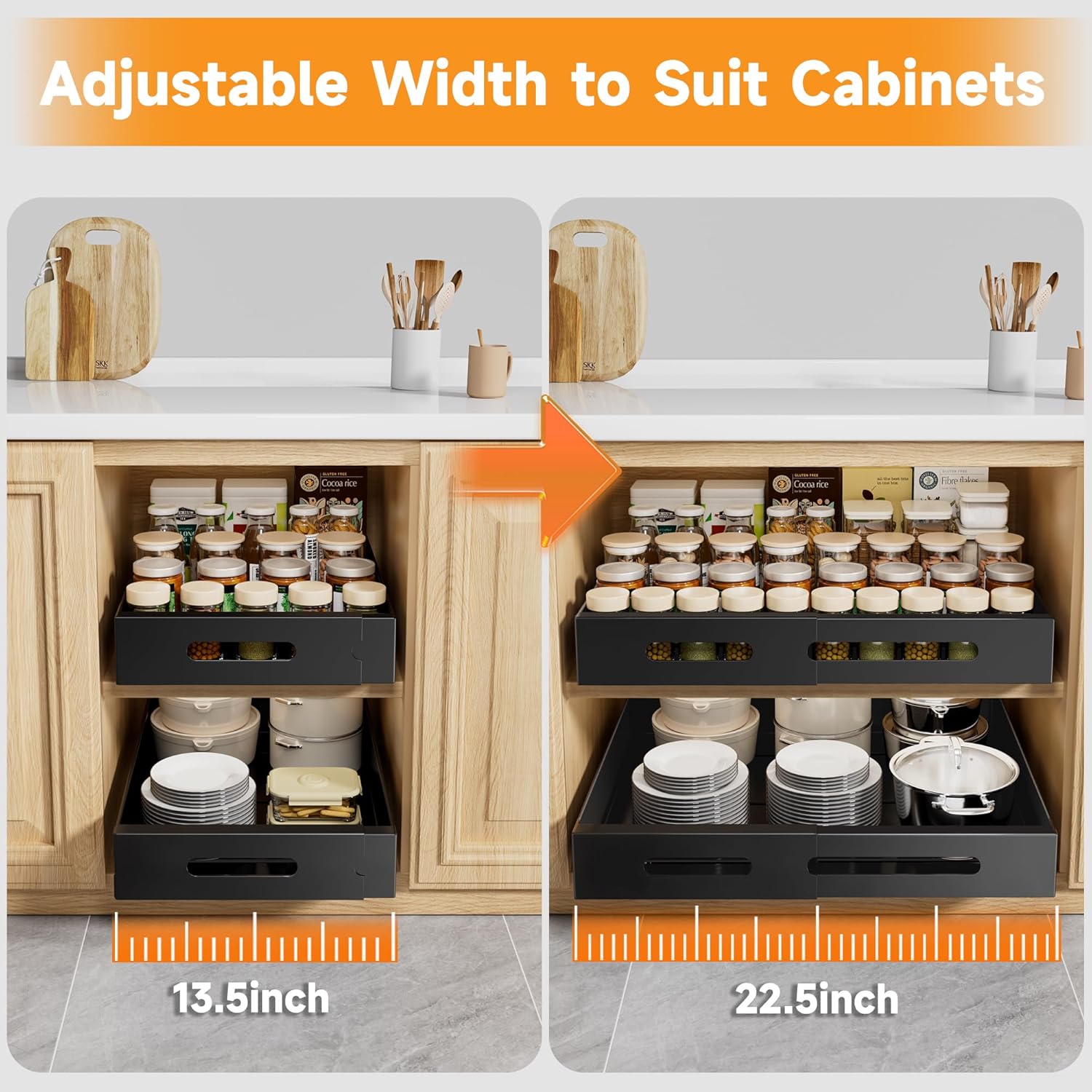 Pull Out Cabinet Organizer Expandable,1Pcs Adjustable 3.5"-22.5" Width 21" Deep Slide Out Drawers with Adhesive, Kitchen Storage for Pantry