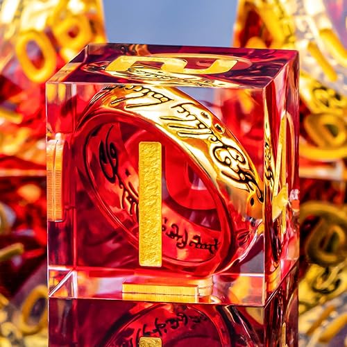 OUKELANWO Magic Lord Rings - Juego de dados DND con caja, 7 piezas de dados LOTR D&D de resina para juegos de rol, dados de oro rojo de mazmorras D