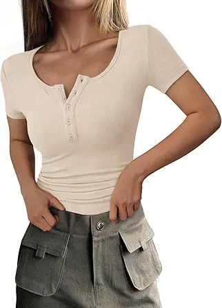 PRETTYGARDEN Women's 2025 Fall Summer Short Sleeve Tops Ribbed Henley Button Slim Fit Basic Casual T Shirts Blouse Clothing