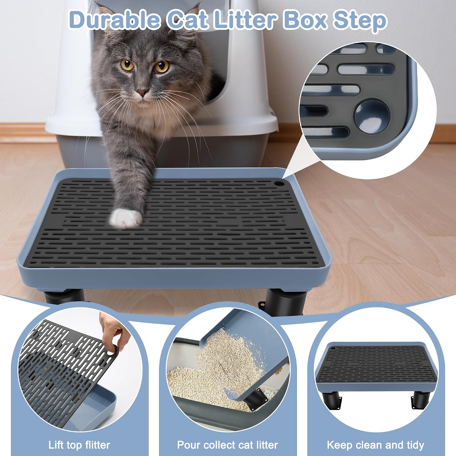 Adjustable Cat Litter Box Ramp, Catcan Detachable Elevated Step | Double Layered Stable Trapper with Filter Function, 14.7”x10”x2 Suit for Small & Elderly Cats