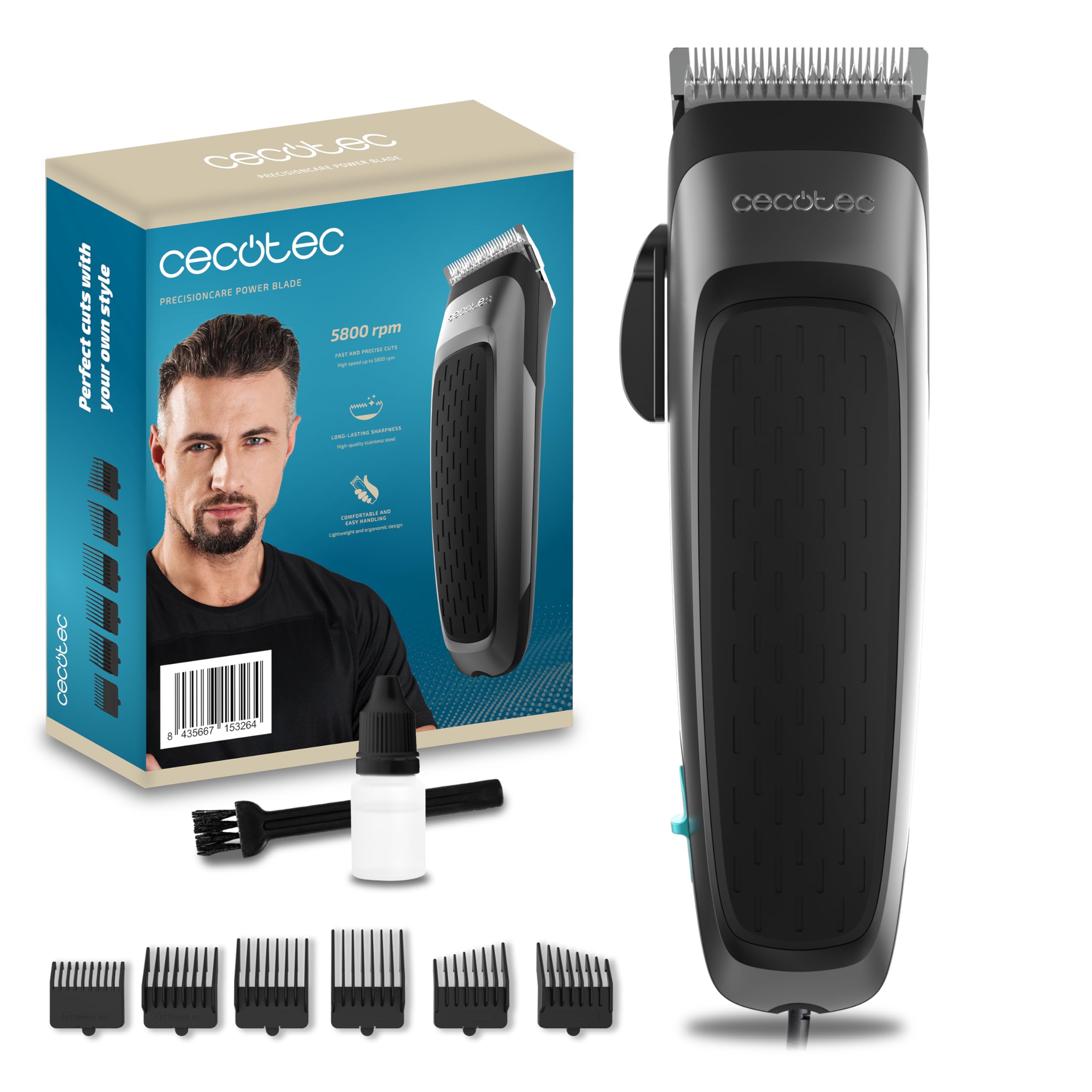 Cecotec Precision Care Power Blade Hair Clipper 5800 rpm Stainless Blades, Ergonomic Design, 5 Length Adjustments, 6 Combs, Uniform Cuts, Versatility Styles