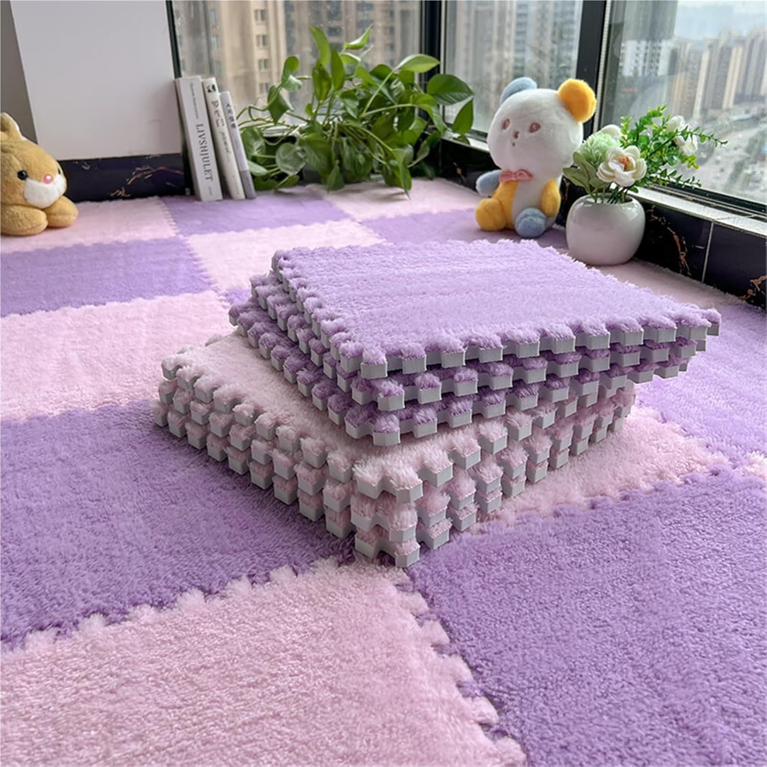 12 X 12 X 0.4 Inch EVA Shaggy Foam Mats, Kids Tiled Puzzle Play Game Mats with Border, Soft Interlocking Carpet Pad, Protective Floor Tiles for Children Girls Room(Purple+Pink,90PCS)