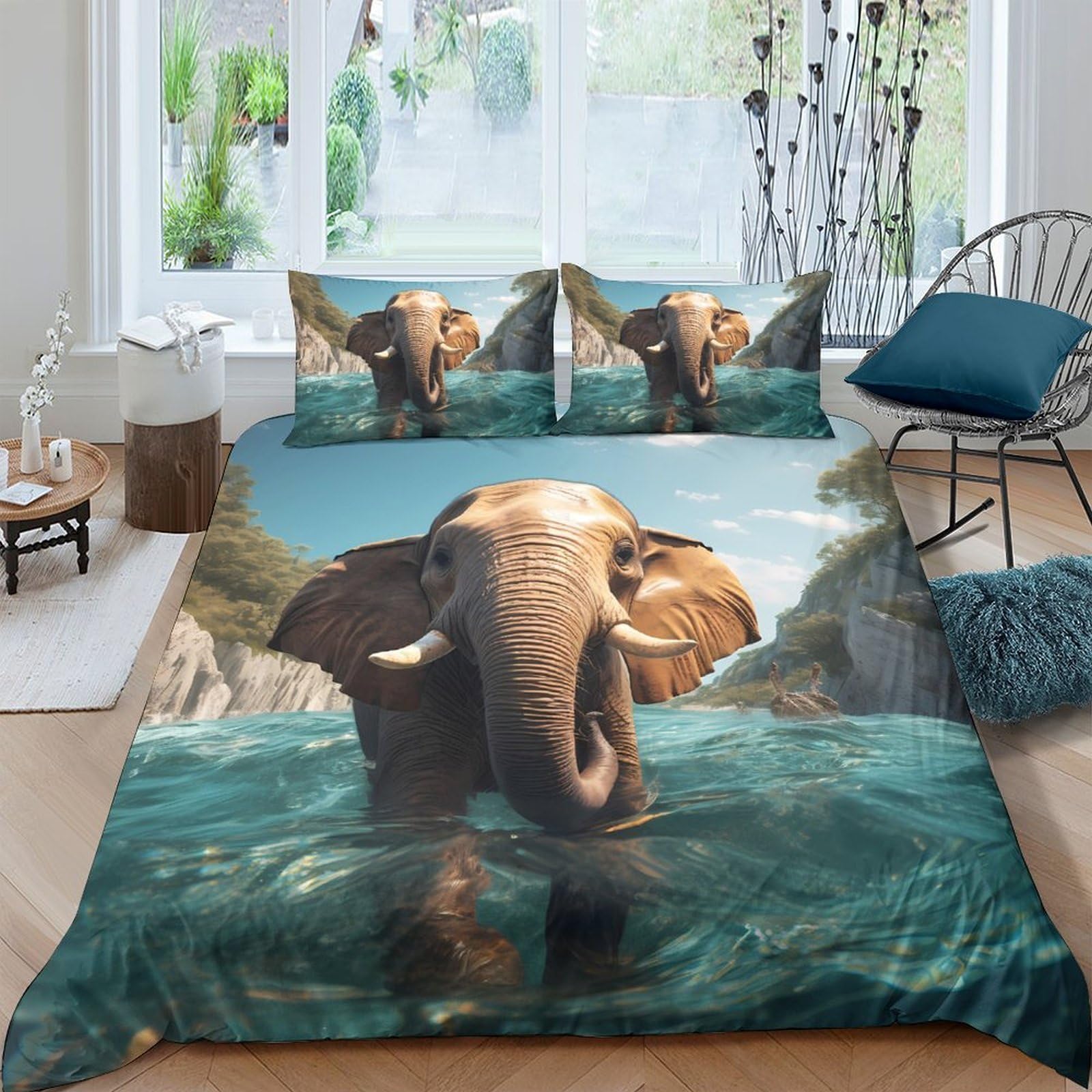 GPLZQXKJNH 3D Printed Elephant Wildlife Duvet Cover Microfiber Soft Breathable River Landscape Bedding Set with 2 Pillowcases for Bedroom Decor Single（135x200cm）