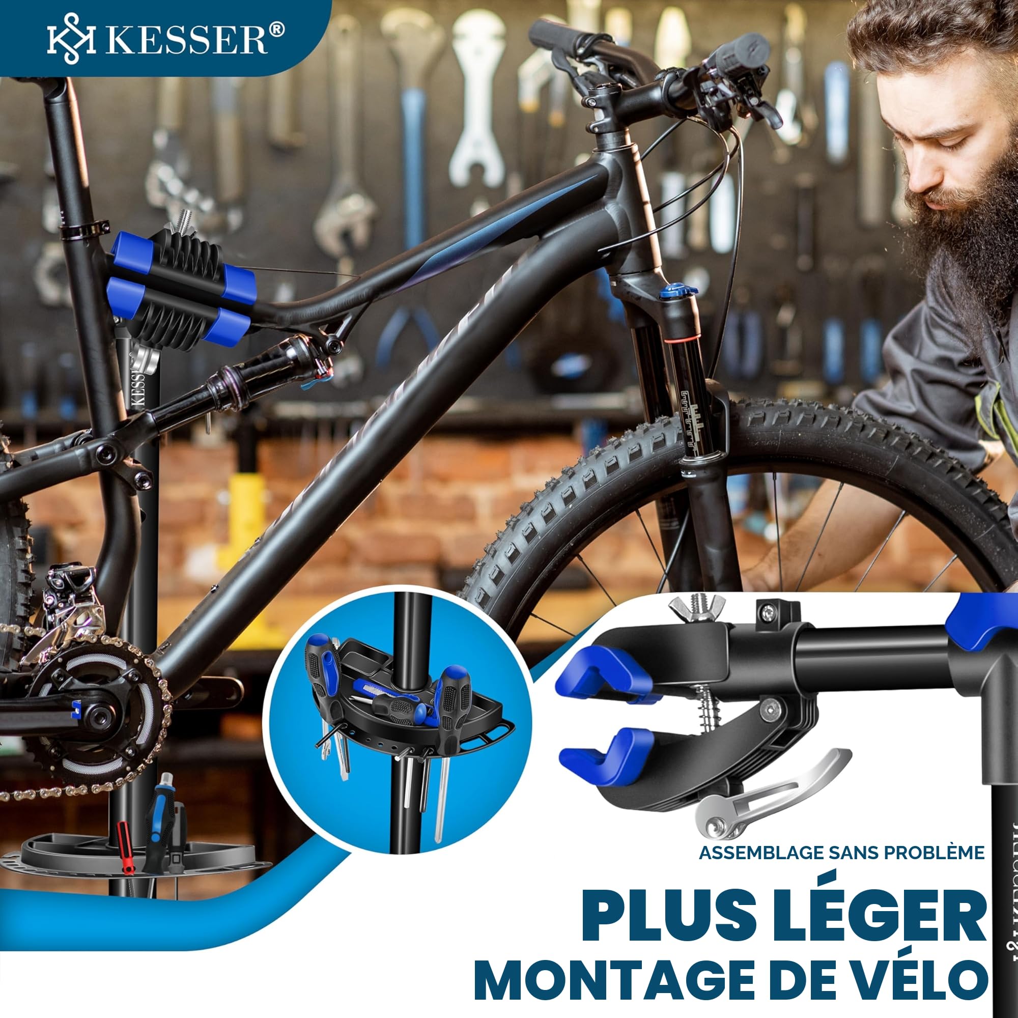 KESSER® Pied de réparation professionnel pour vélo Pied de réparation Support de vélo + sacoche Béquille de réparation pour vélo jusqu'à 50 kg Pied de réparation pour vélo avec bac à outils, bleu