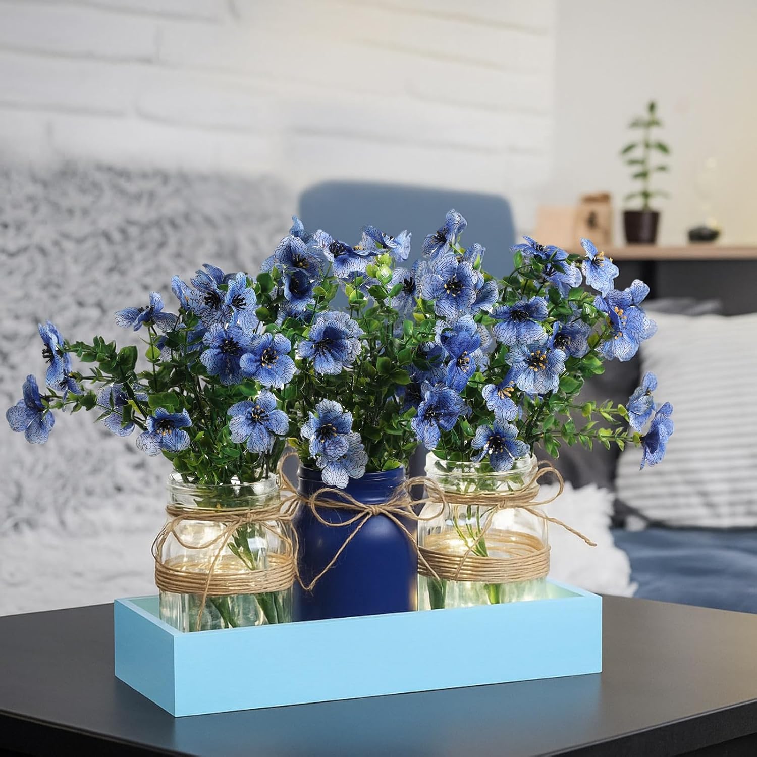 Honeydak 9 Pcs Mason Jar Centerpiece for Dining Room Table with Farmhouse Wood Tray, 3 Mason Jars with Artificial Flowers, and 2 LED Light for Room Kitchen Living Bathroom Wedding (Calla Lily) - Image 4