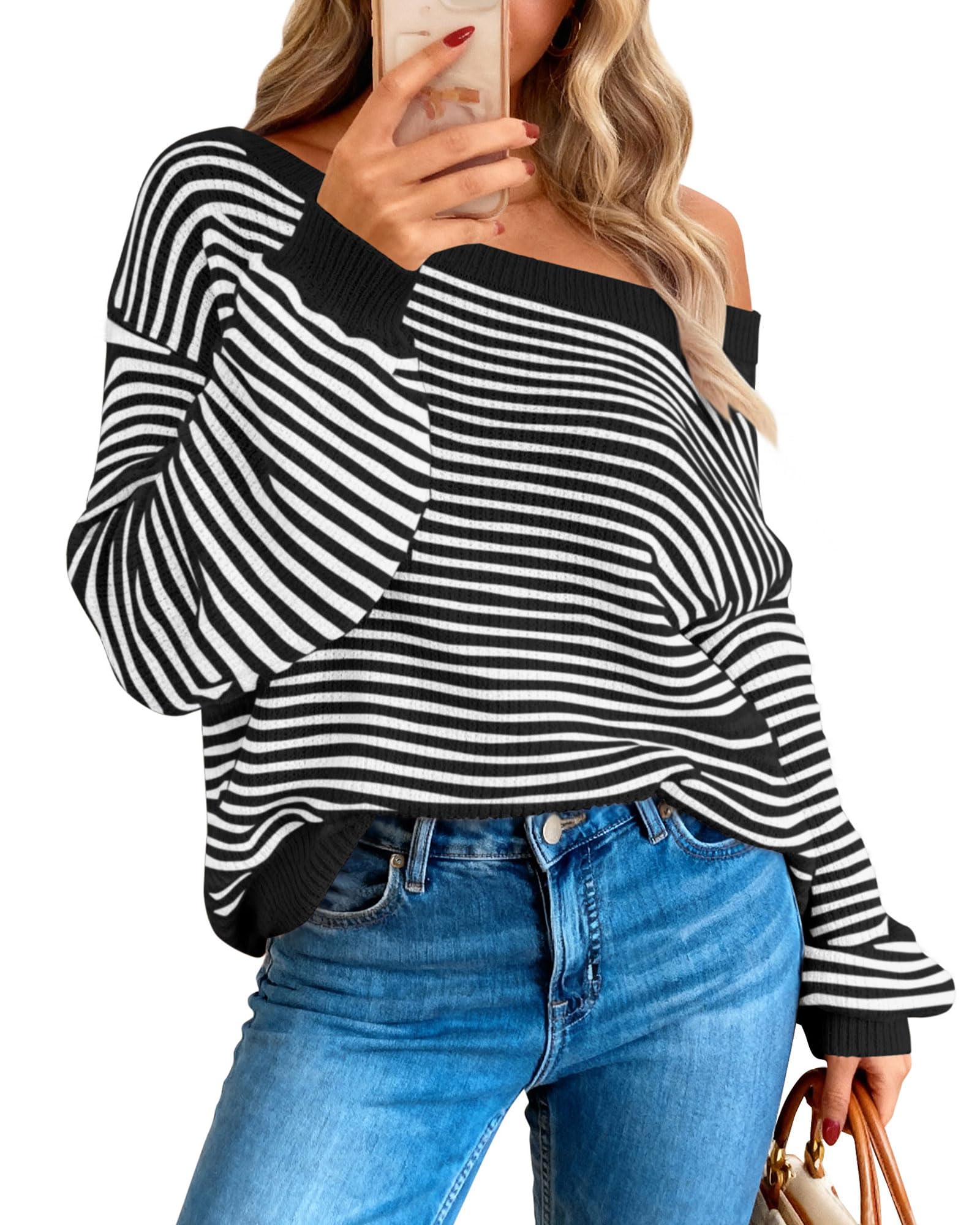 Zenlonr Womens Off The Shoulder Sweater 2025 Fall Winter Long Sleeve Striped Sweater Oversized Knitted Pullover Tops