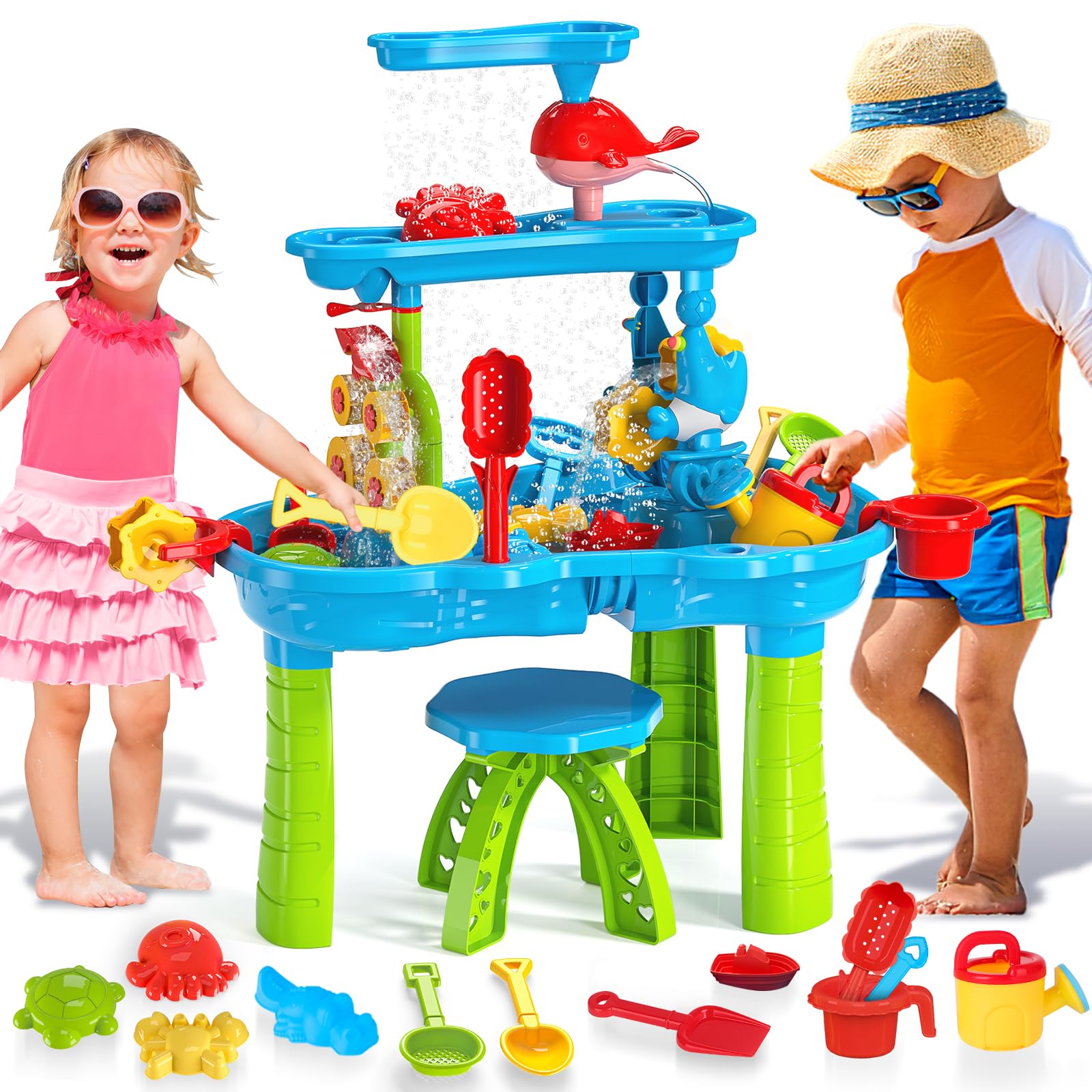 deAO Tavolo Acqua e Sabbia per Bambini 3+ Anni – Tavolo Sensoriale con Cascata e Ruota ad Acqua, 13 Accessori Giochi da Spiaggia, Tavolo attività Acqua Giardino Giocattolo Esterno