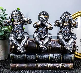Ebros Gift Set of 3 Renaissance Medieval See Hear Speak No Evil Royal Knights with Black Tunic Ledge Or Shelf Sitters Figurine 4" Tall Suit of Armor Miniature Knights Decor