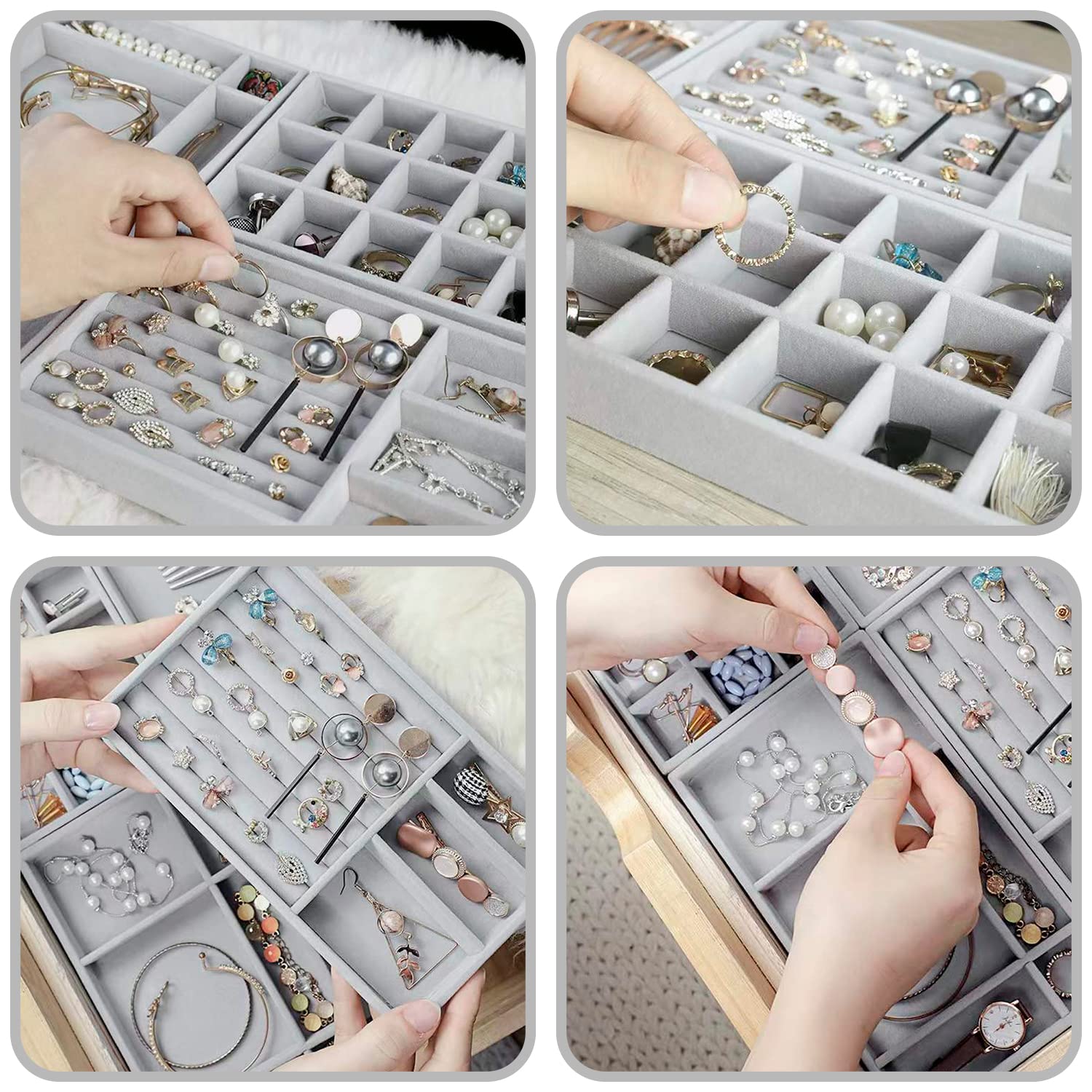Lot 4 Tiroirs Rangement Bijoux Velours Empilables Beige - Organiseur Boucles D'Oreilles, Bracelets, Bagues, 6/18 Compartiments