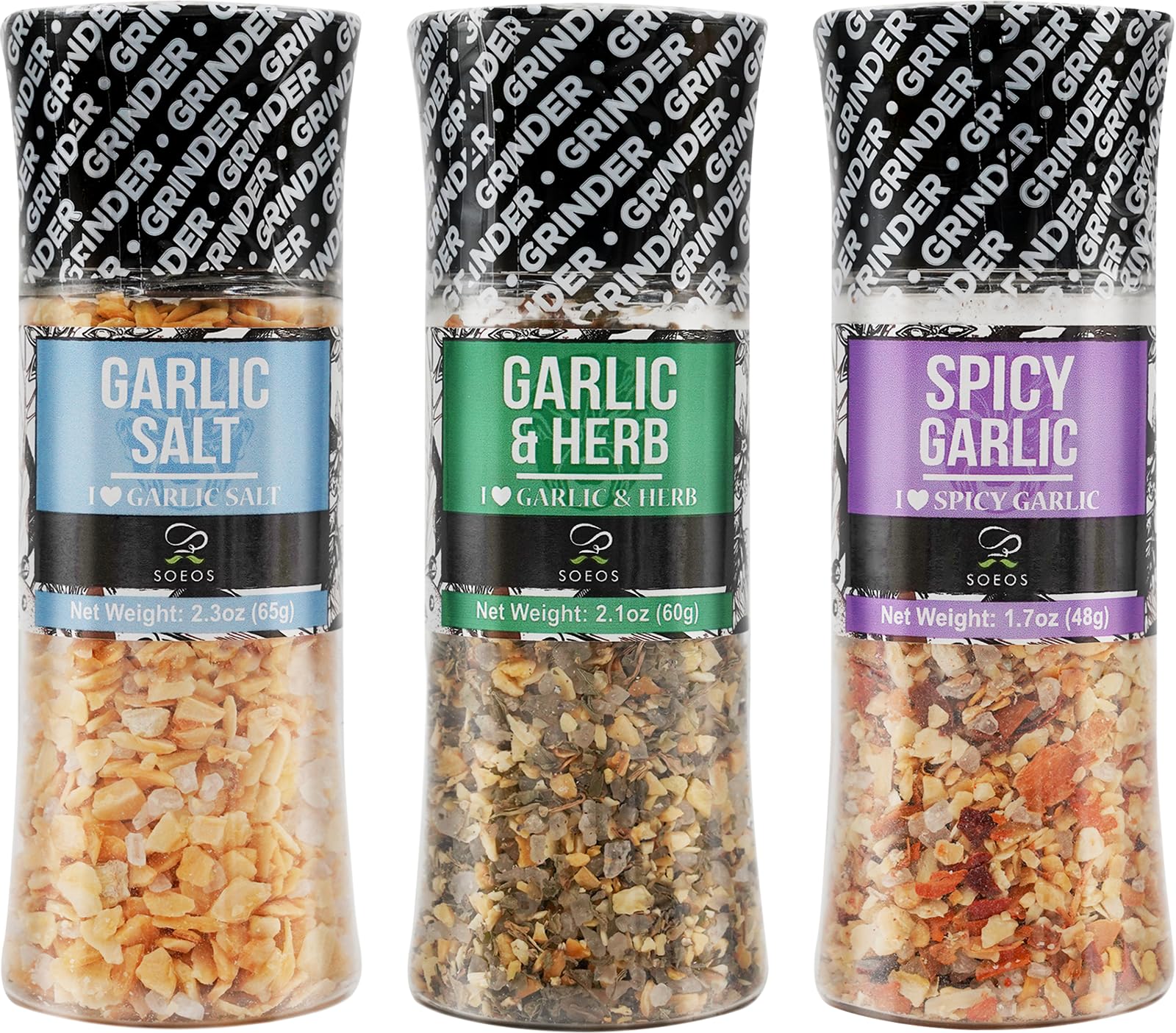 Soeos Spice Seasoning Set of 3 with Integrated Grinders, Spicy Garlic, Garlic & Herbs, Garlic Salt, Seasoning Gift Set.