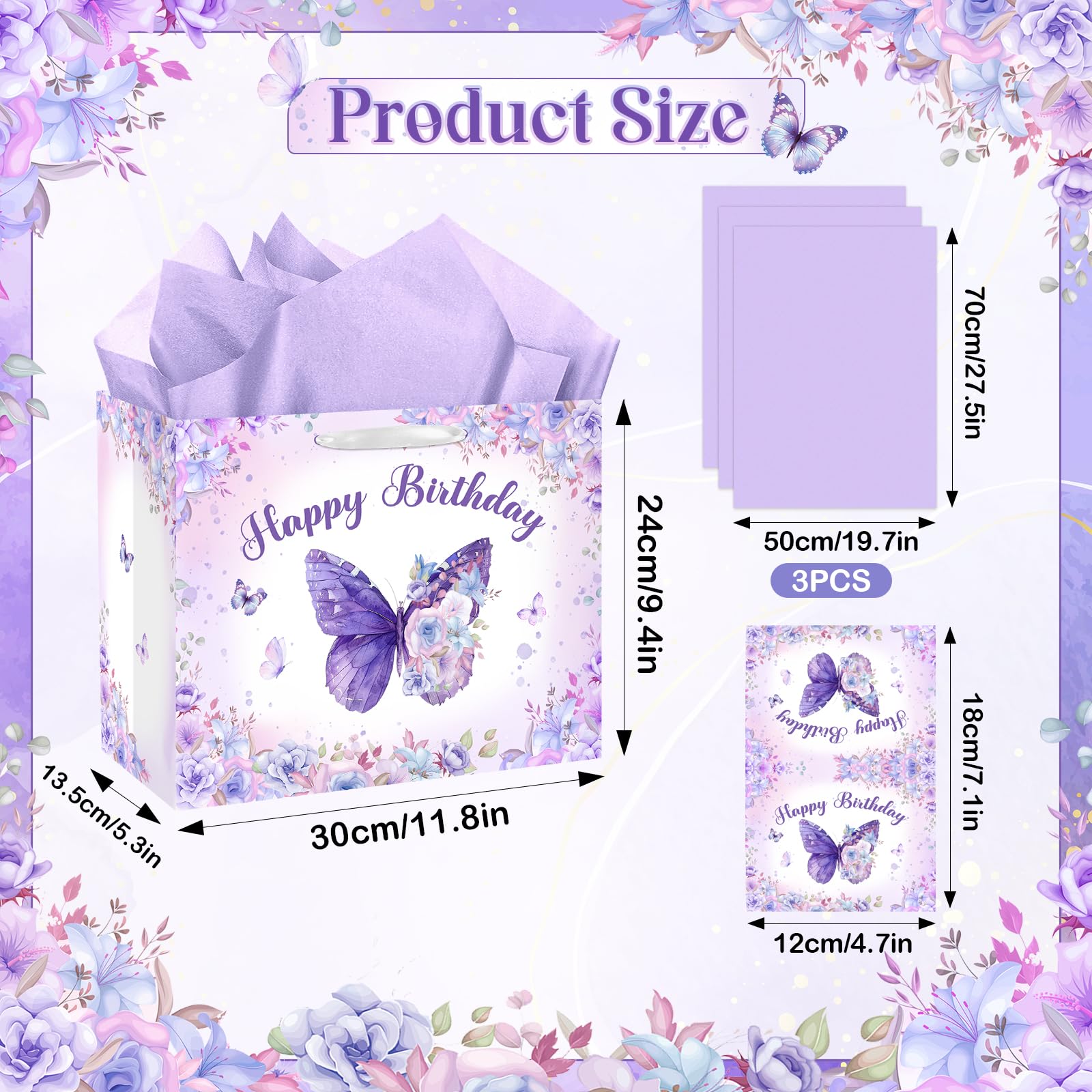 LUUFILx Butterfly Birthday Gift Bag for Girls Women Butterfly Flower Party Favor Bags with Wrapping Paper Card Purple Pink Floral Gift Bag for Baby Shower Birthday Decorations Party Supplies (Purple)
