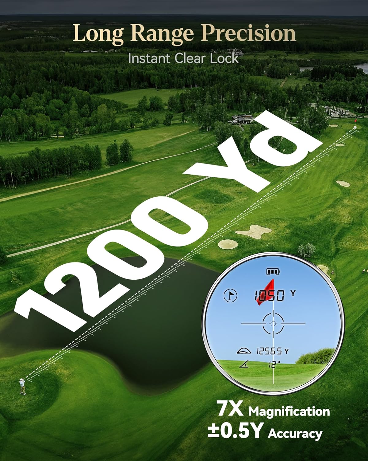 View through the REDTIGER golf rangefinder's eyepiece, displaying a target at 105.0 yards with 7X magnification and high accuracy.