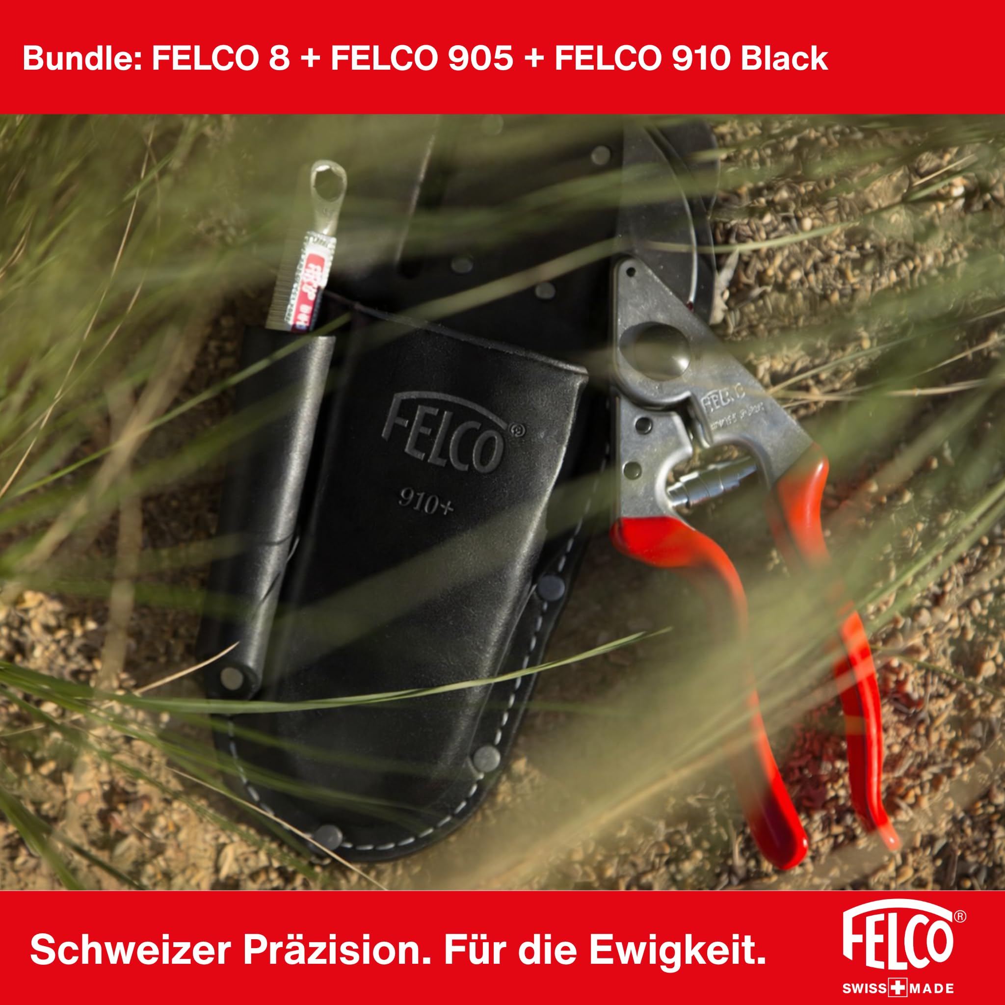 FELCO 8 Profi-Gartenschere Bypass 25 mm für Rechtshänder mit ergonomischem Griff + Lederholster 910 Black + Schärfer 905