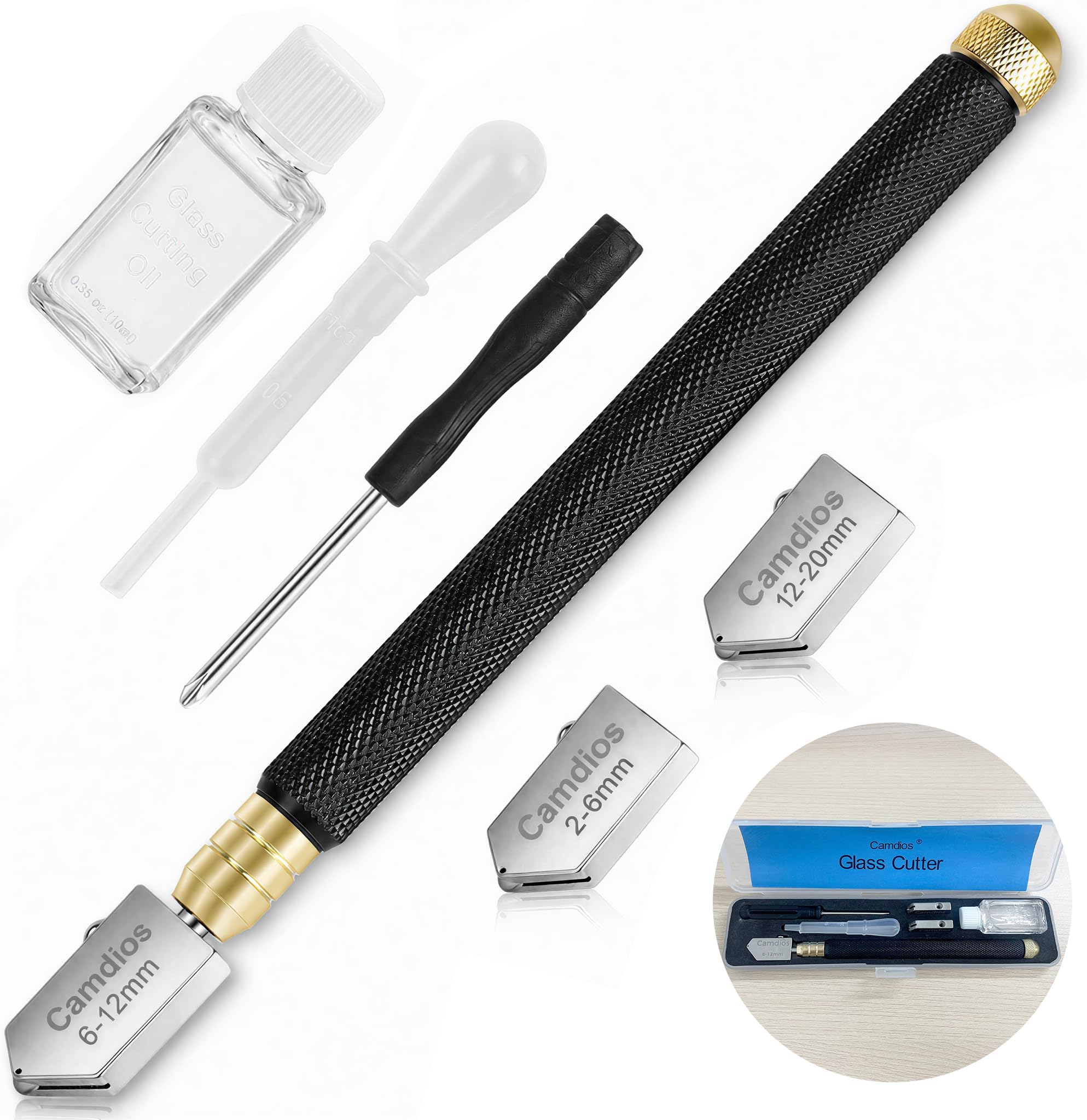 Glass Cutter 2mm-20mm, Glass Cutting Tool with Glass Oil & 3 Carbide Heads