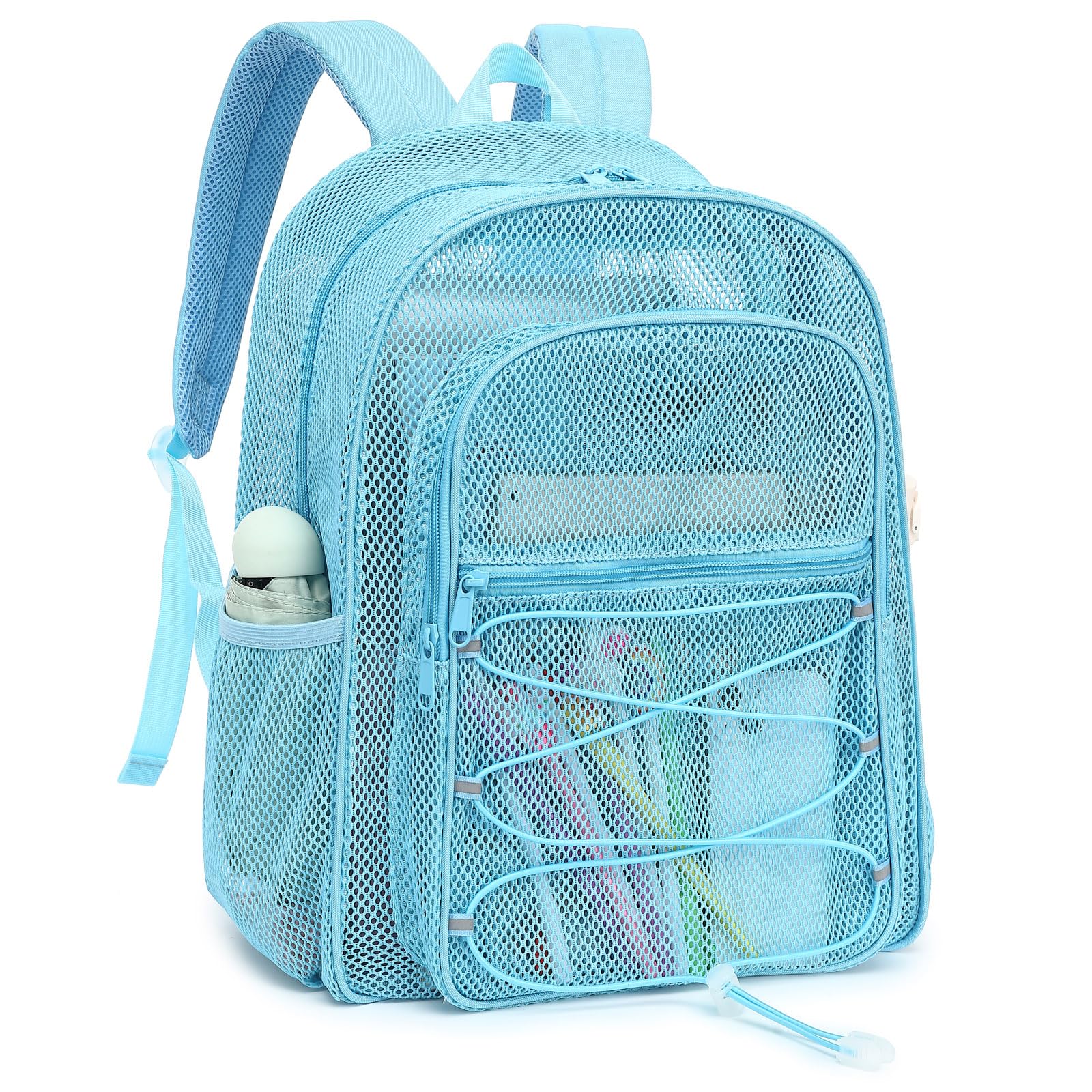 Xunteny Mesh School Backpack for Girls Boys, Heavy Duty Kids Adults Mesh School Bag Bookbag for Swimming Beach Fitness Sport (Light Blue)