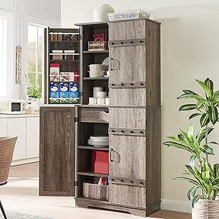 72" Tall Farmhouse Kitchen Pantry with Rivet Barn Doors, Rustic Wood Cupboard Storage Cabinet/w Drawer & Adjustable Shelves for Dining Living Room, Bathroom & Hallway, Rustic Gray