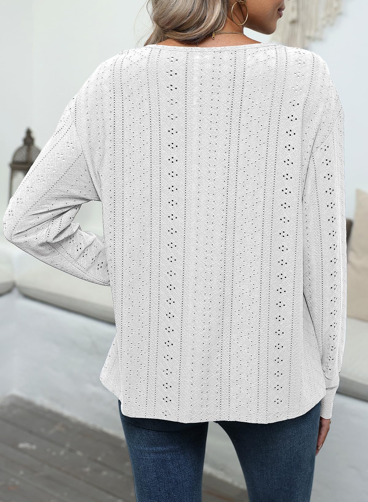 Dokotoo Women's Tops Dressy Casual V Neck Long Sleeve Buttons Hollow Out Lace Embroidered Blouses Shirts