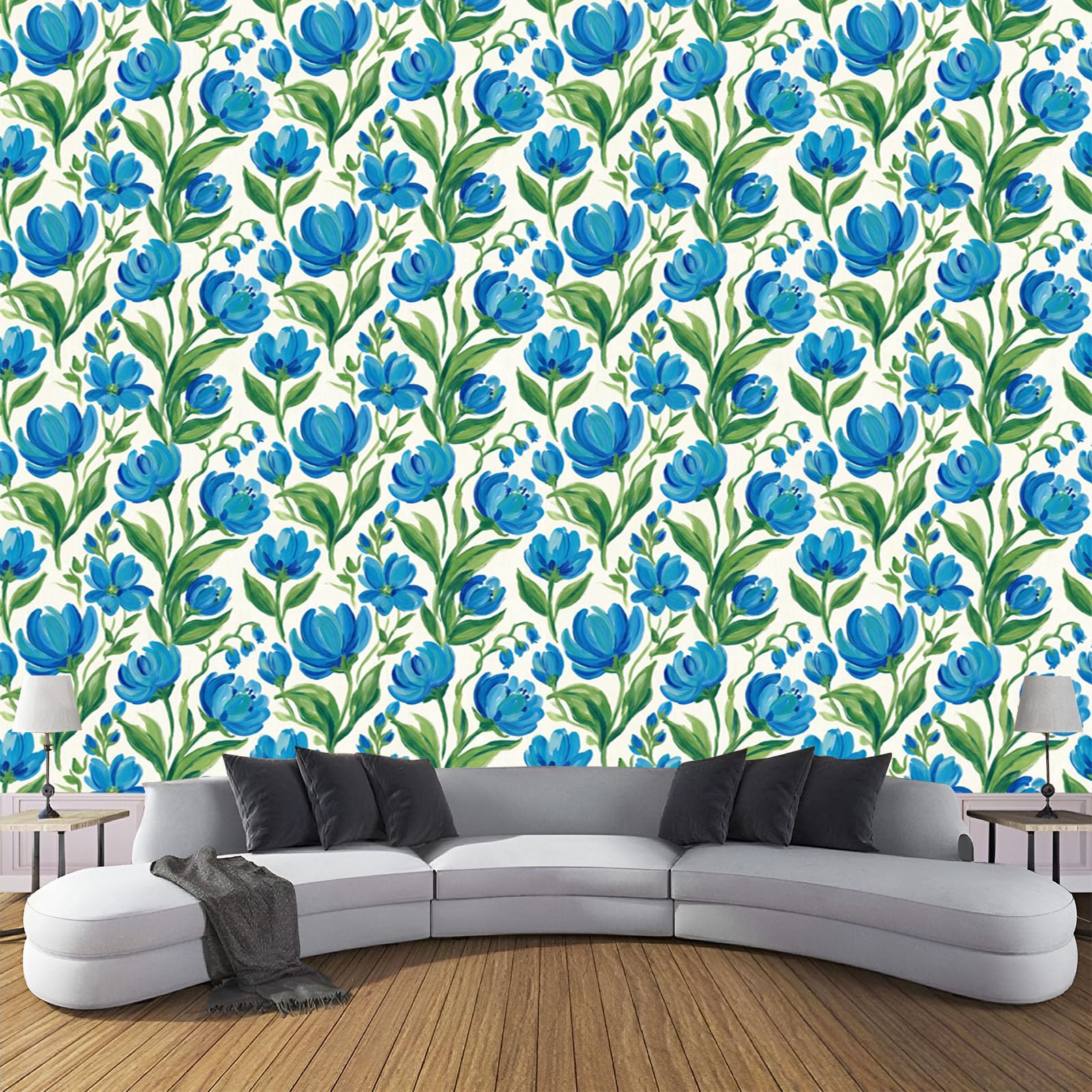 Papier peint panoramique fleurs de tulipe pour agrandir un salon bleu-vert