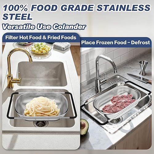 Miniatura 3 de Colador grande de acero inoxidable Colador sobre el fregadero con asas expandibles para lavar verduras y pasta