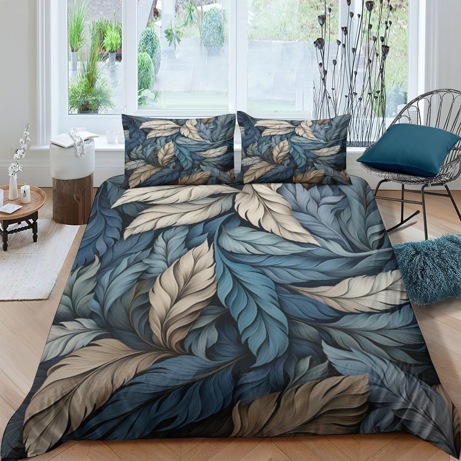 Parure de lit motif de feuilles grises et bleues pour une chambre parentale zen